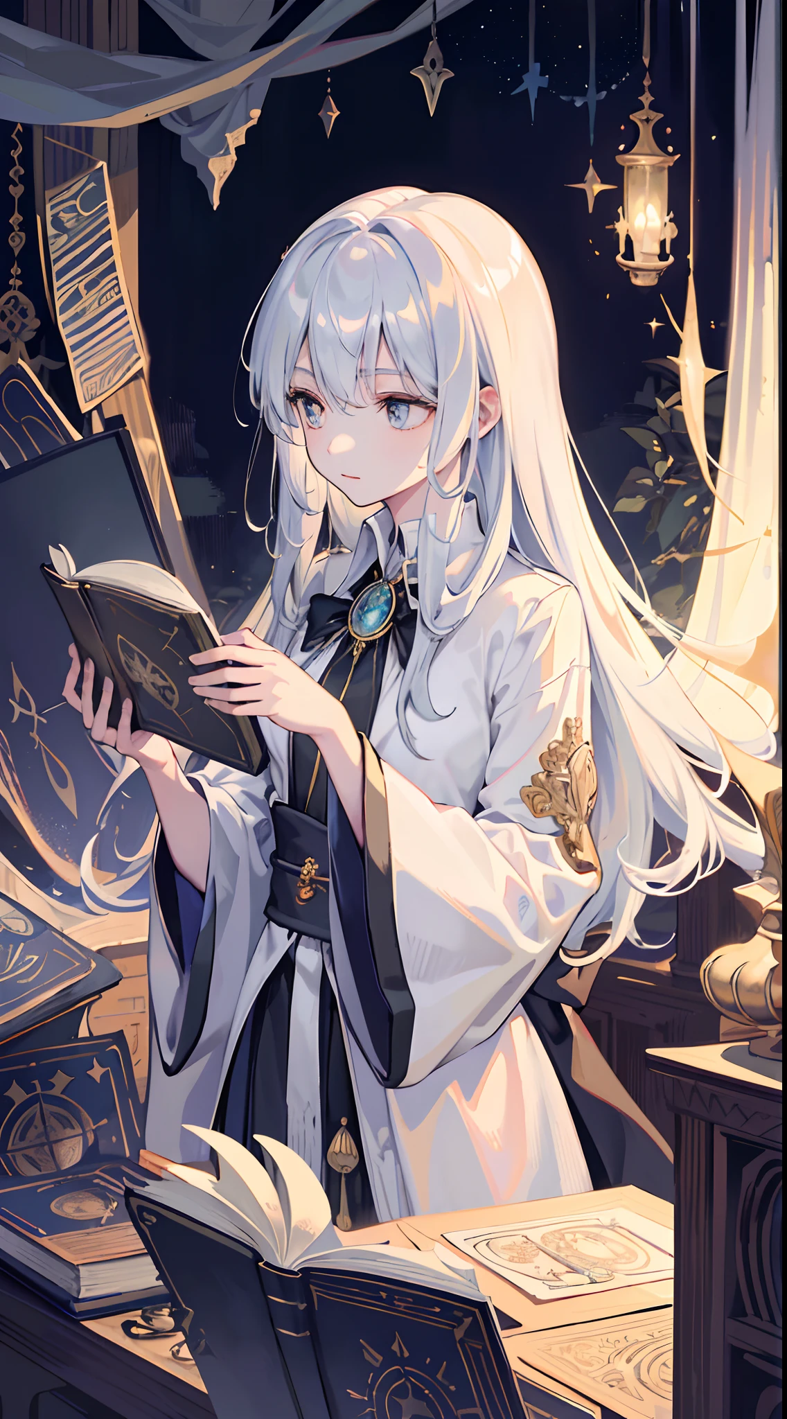 Masterpiece,(best qualtiy),highly detailed,Ultra-detailed, Pale , mistic , (tarot cards), (Magic symbols), (Moonlight), (Magic crystals), (Mysterious fog), (ancient book), (Ethereal), (Ceremonial robes), (Intricate patterns), (mysterious creature), (Enchanting atmosphere), (Divine Intervention), (Spiritual journey), (fortunes told), (mystic symbols), (Mysterious candlelight), (magical aura),(magic incantation), (Secret knowledge),(spellbinding),(Tarot card reader),(Tarot tables),(mystical aura), (Mysterious experience)