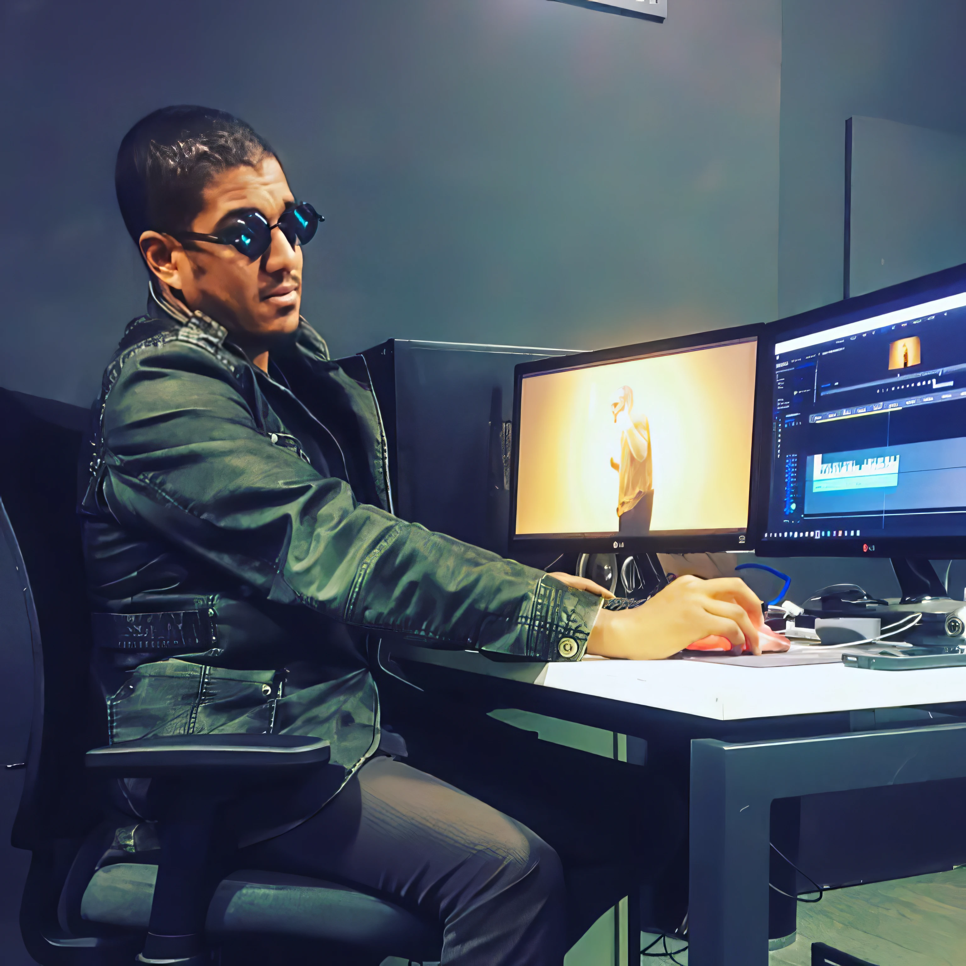 there is a man sitting at a desk with a computer and a monitor, post - production, post - production, post - production, professional digital edit, cinematic look, Classificado com davinci resolve, Tiro VFX, vfx action shot, Cinematic Still Shot, cinematic ligting, post - production, color grading, compositing, 8k post production, 8 k post production