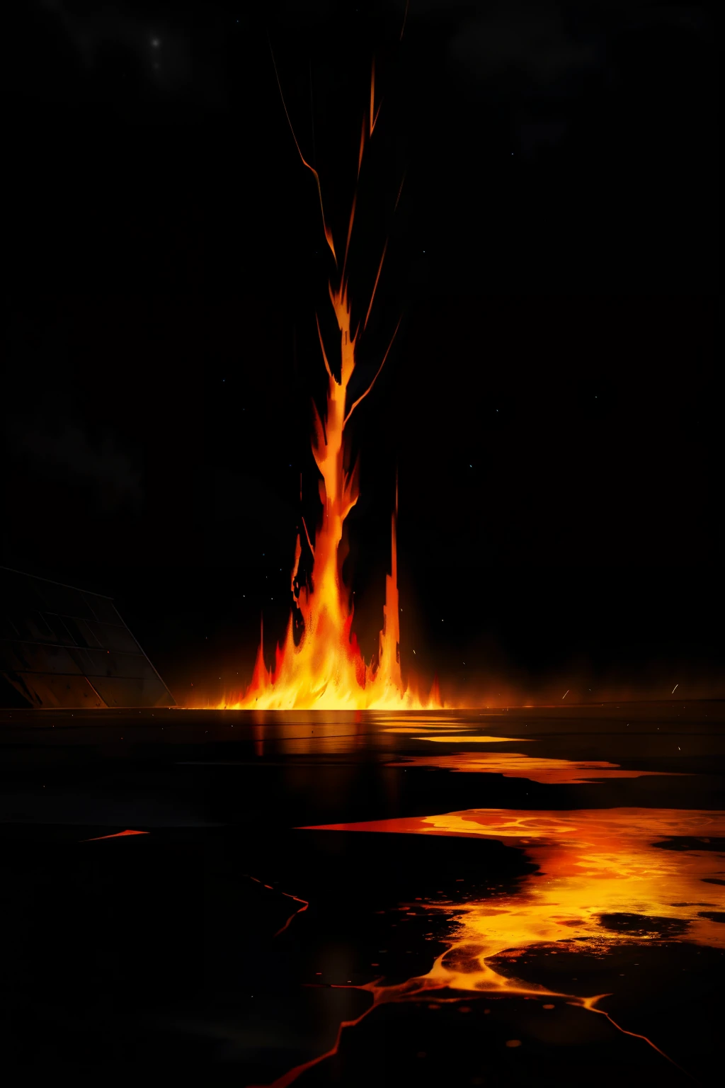 Under the black sky, there are flames on the dark earth, and a dark discrepancy sweeps the floor
