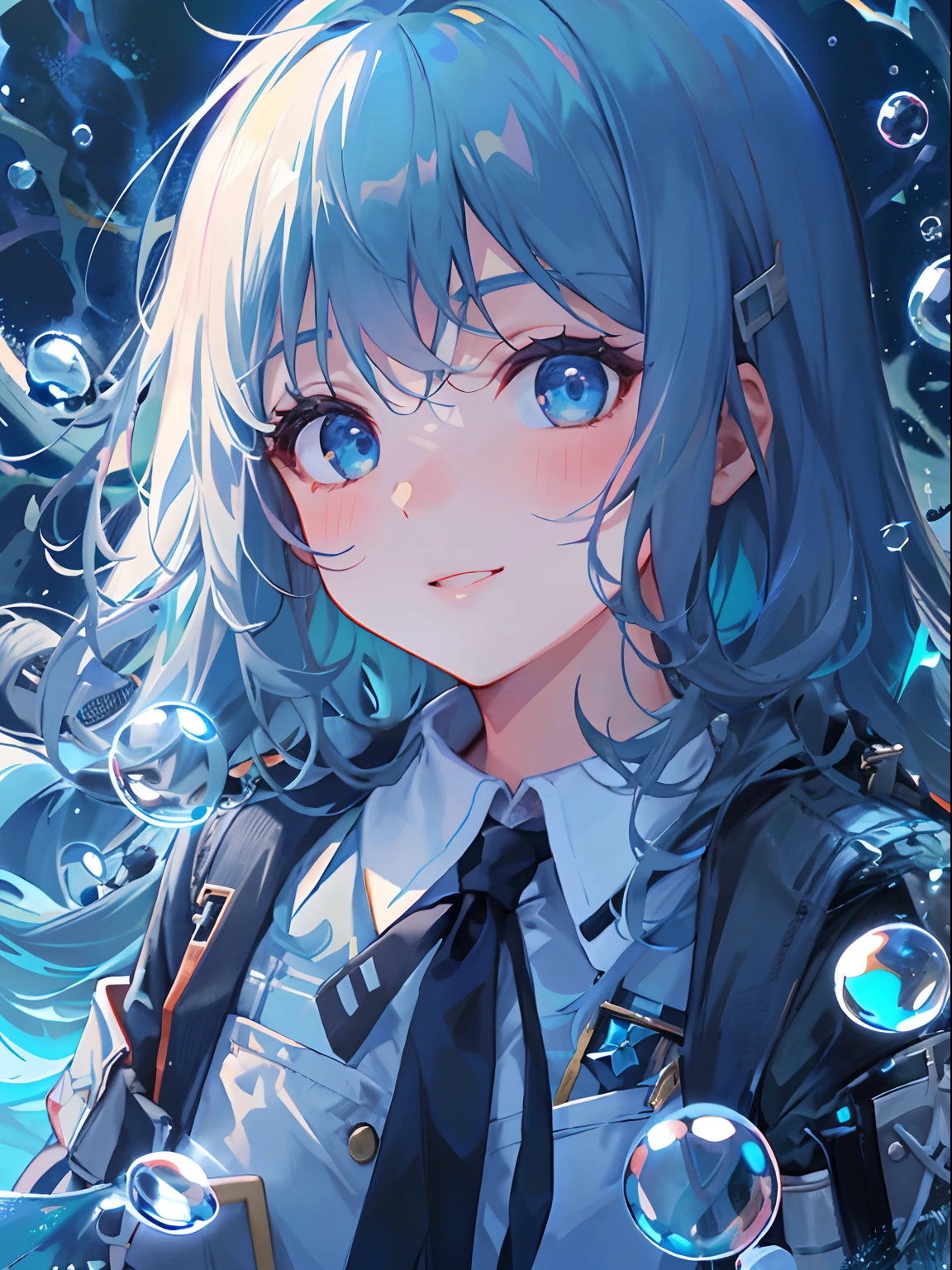 ((top-quality)), ((masterpiece)), ((ultra-detailliert)), (Extremely delicate and beautiful), girl with, 独奏, cold attitude,((Black jacket)),She is very(relax)with the(Settled down)Looks,A dark-haired, depth of fields,Evil smile,Bubble, under the water, Air bubble,bright light blue eyes,inner color with bright gray hair and light blue tips,,,,,,,,,Cold background,Bob Hair - Linear Art, shortpants、knee high socks、White uniform like school uniform、Light blue ribbon ties、Clothes are sheer、Hands in pockets、Bright eyes like sapphire,Fronllesse Blue, A small blue light was floating、fantastic eyes,Jumping figure、splashes splash