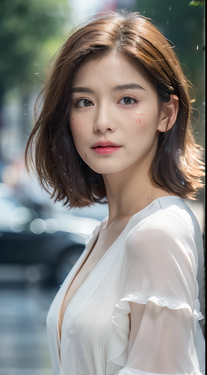 ((Bestquality, 8k, a masterpiece:1.3)), Focus:1.2, Perfect body beauty:1.4, buttocks:1.2, ((Cut hair in layers, Normal chest:1.2)), , (Rain, Street:1.3), JK dress:1.1, Highly detailed facial and skin texture, Detailed Eyes, Double eyelidd,Whiten skin,length hair,(Round face:1.5)