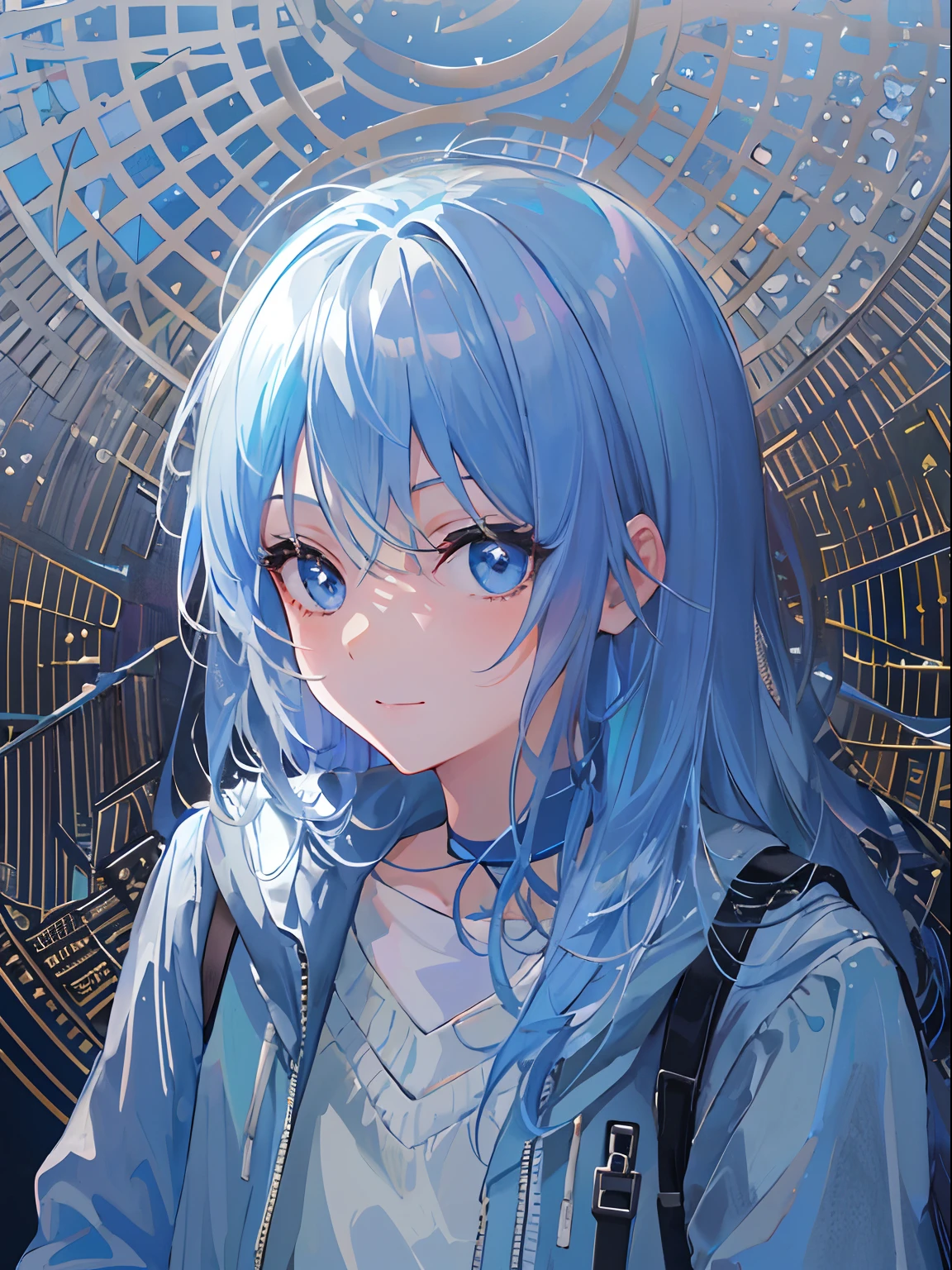 ((top-quality)), ((masterpiece)), ((ultra-detailliert)), (extremely delicate and beautiful), girl with, 独奏, cold attitude,((Black jacket)),She is very(relax)with the(Settled down)Looks,A dark-haired, depth of fields,evil smile,Bubble, under the water, Air bubble,bright light blue eyes,Inner color with light blue hair and dark blue tips,Cold background,Bob Hair - Linear Art, shortpants、knee high socks、White uniform like school uniform、Light blue ribbon ties、Clothes are sheer、Hands in pockets