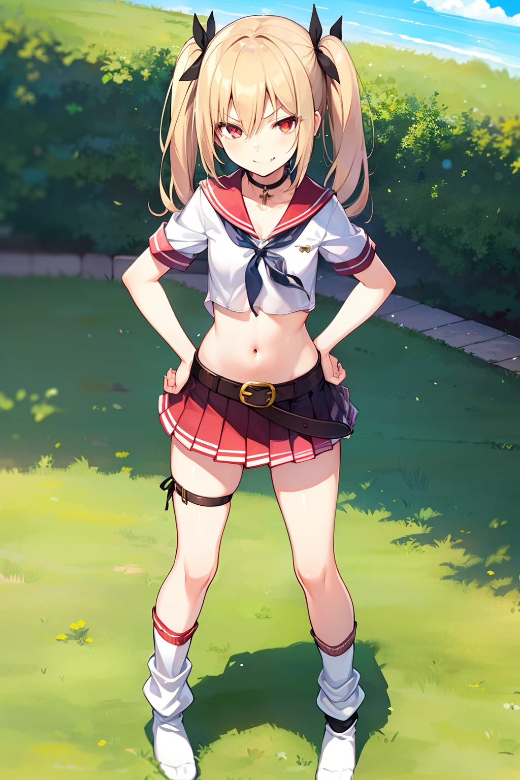 1girl in, (Solo:1.2), (Perfect body:1.1), (Best Quality:1.1), Cute Girl, Tsundere:1.1, (student clothes:1.4), (tiered layers skirt:1.2), flat chest, a blond, Long twintails, Black Ribbon Hair Fastening, Tsuriformes, sharp eye, Sanpaku eyes, (evil smile:1.5), Noble atmosphere, Fine-grained skin, (Choker with a cross:1.1), View of the valley, Navel Ejection, Raw feet, a belt on the thighhigh, Bright red eyes, Shining eyes, (NSFW:0.8), 8K, a belt on the thighhigh, Skinny Legs, School grounds with grass, full body seen, (Looking down here:1.2), (Loose socks:1.5), I don't have anything in my hands, No one around, hands on hip,