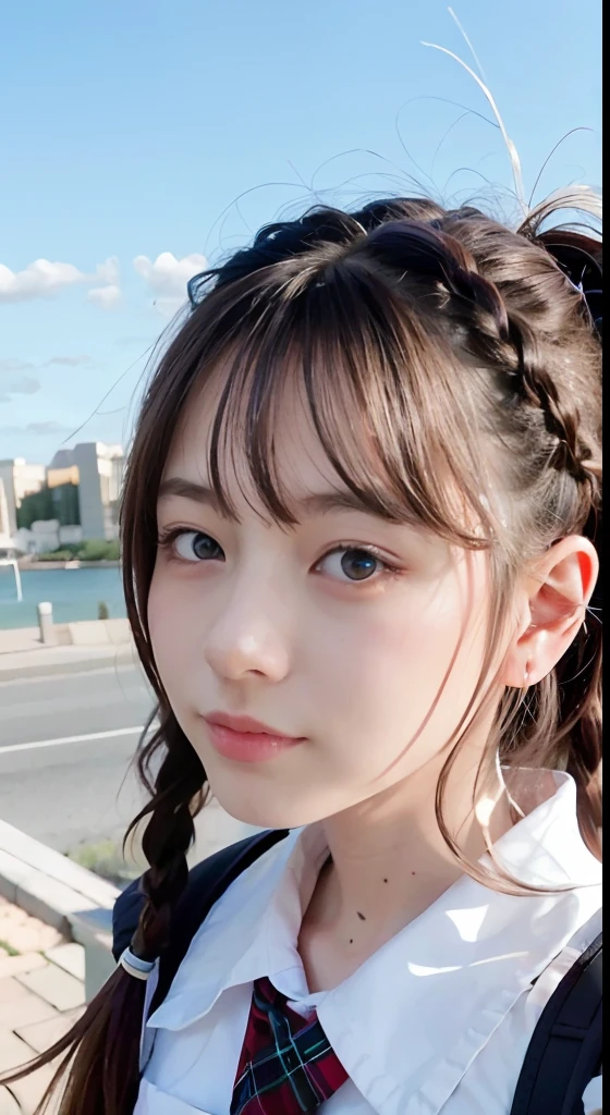 (ultra-detailliert), Tartan Check Uniform,Blue eyes,The upper part of the body、a closeup、faces、(A smile:1.1),(facing front:1.2), 20yr old, teens girl,no tail,(no tail),2D, masterpiece, top-quality, A detailed eye, A detailed face, girl with, Only 1 person,Brown Hair Medium Hair, (Brown hair), Ear Hair, small tits, Single braid, (Single braid), (Side braid), Pink ribbon, Background bokeh,sea side