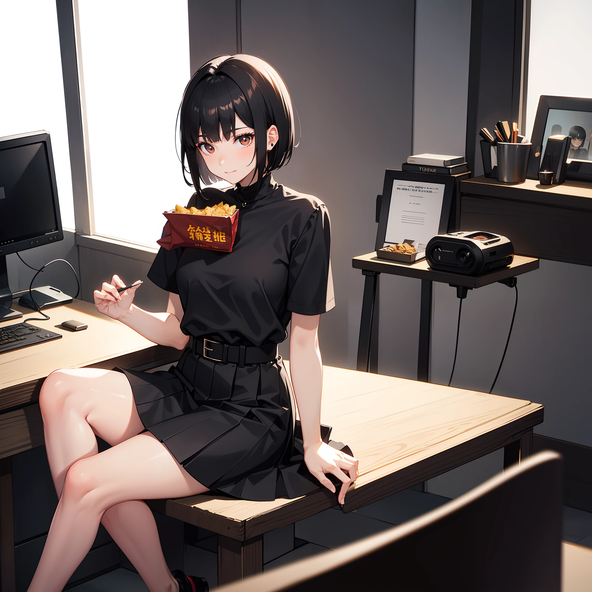 A short black haircut，with brown eye，Wears black short sleeves，short  skirt，Sit in the ministry，Listen to music with headphones，Eating small snacks，A happy look，Enjoyed the look