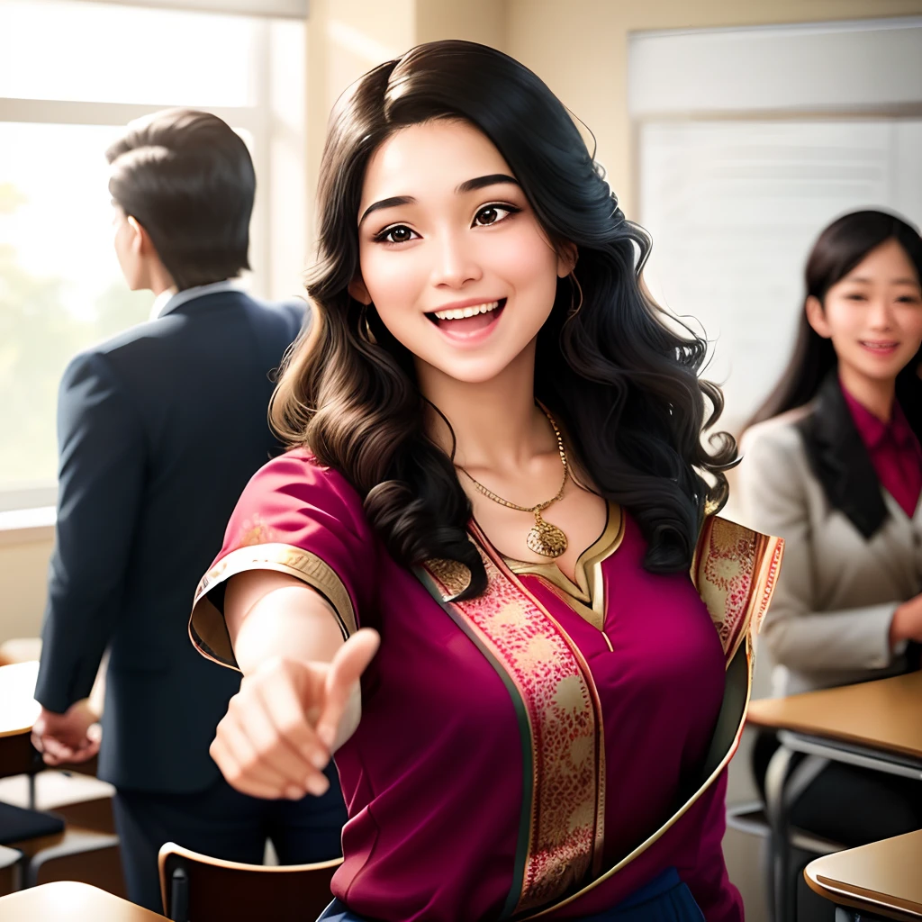 A dynamic classroom scene featuring a 34-year-old woman passionately teaching. She exudes confidence and warmth, dressed in an elegant Indian suit that complements her charismatic demeanor. The classroom is well-lit, with sunlight streaming through large windows, creating a comfortable and inviting ambiance. The students are engaged, leaning in to listen, their expressions reflecting enthusiasm and curiosity. The woman gestures animatedly, using her hands to emphasize key points. Her smile is infectious, creating an atmosphere of positivity and excitement. The scene is captured in a candid moment, showcasing the woman's energy and dedication to teaching. Style: Photography, captured with a 50mm prime lens at