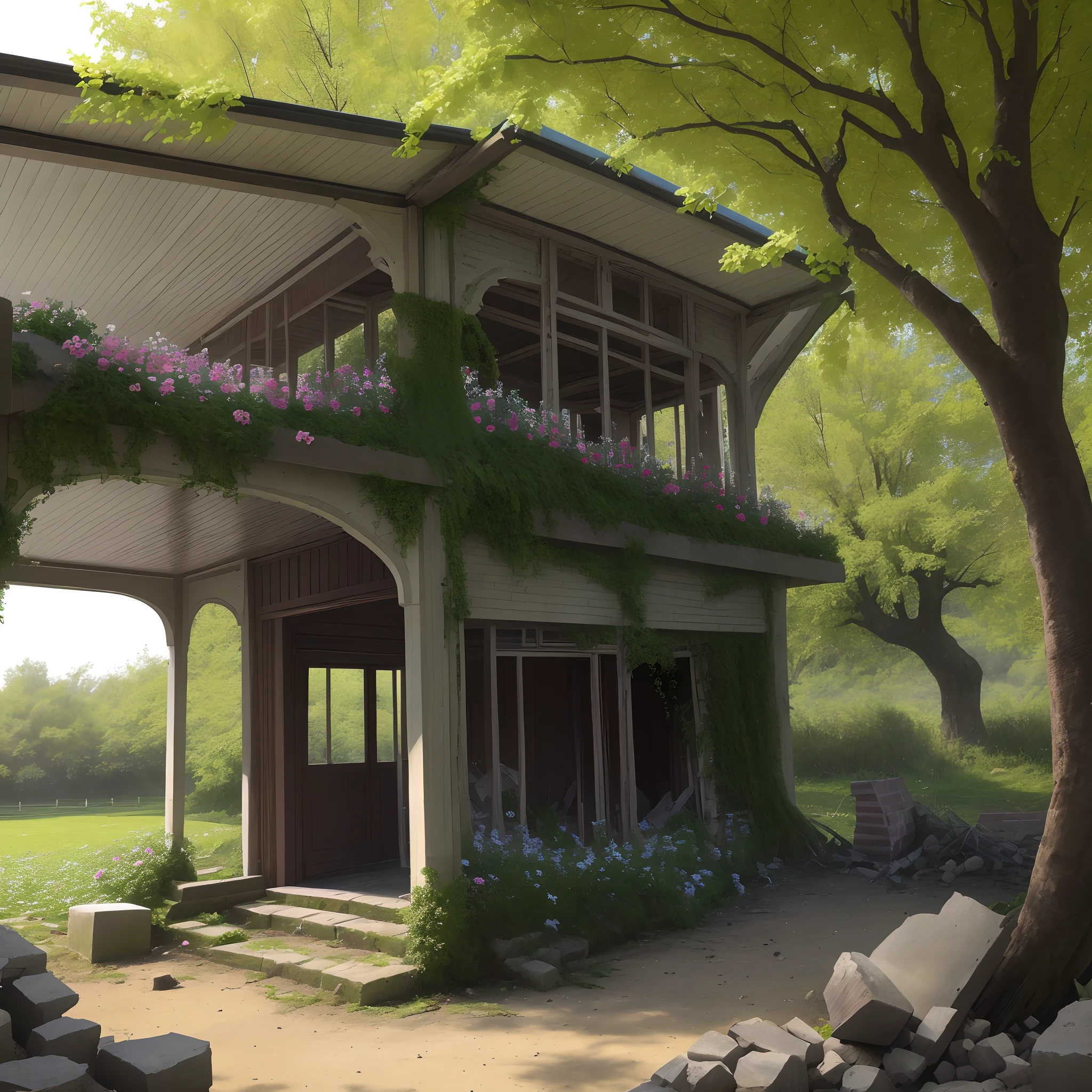 Among them, the old plums are all blooming flowers full of trees,There is a hawthorn tree next to the collapsed pavilion,A few flowers emerge from the dark green leaves