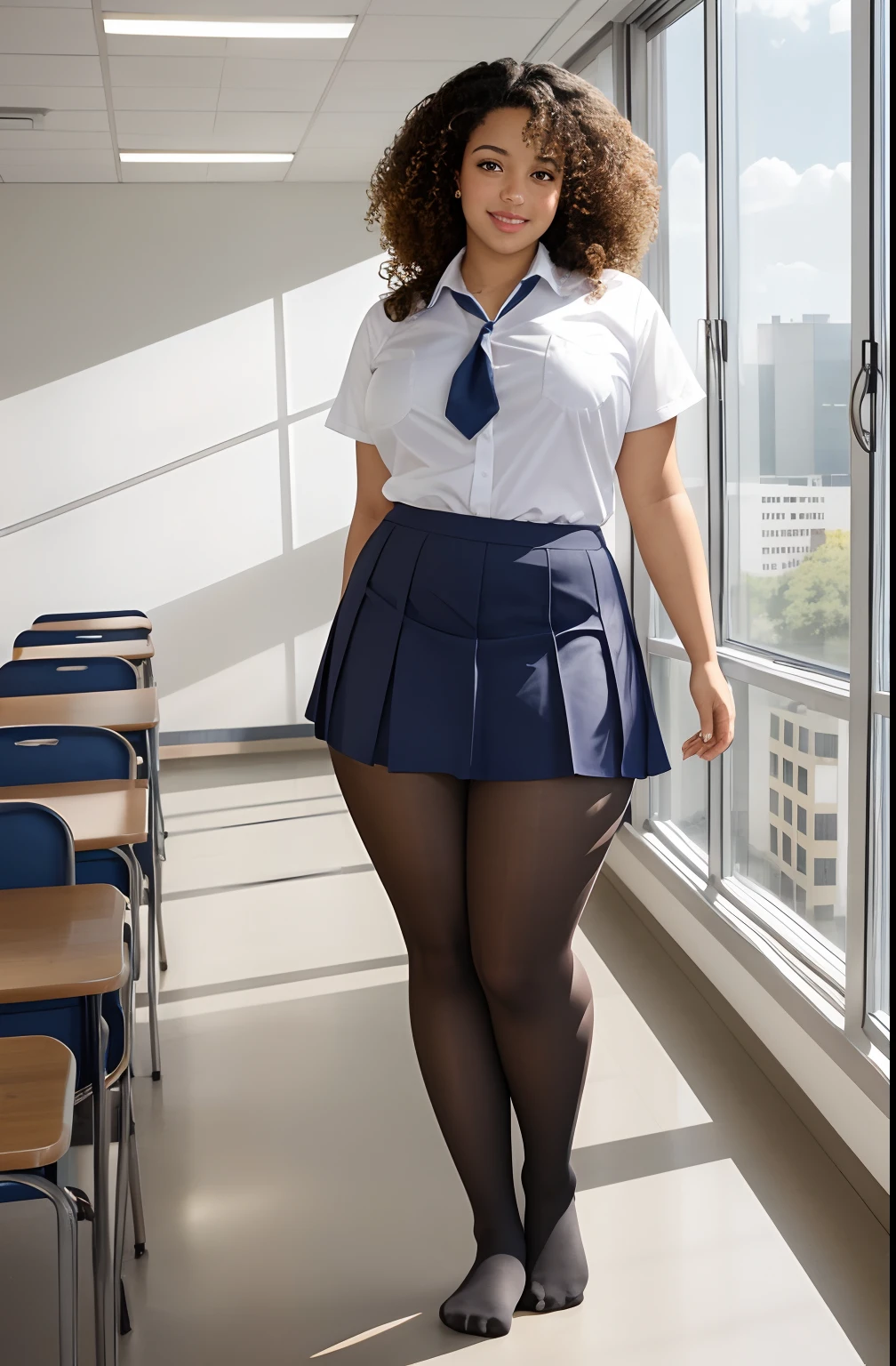  Sydney Sweeney a heavily muscled iffb pro female bodybuilder,  a  wearing a tight unbuttoned shirt, red tie,  sill, skirt, pantyhose, silk skirt over pantyhose ,fmg,  in a classroom ,sat on a school desk, legs wide open ,uniformsbodypaint