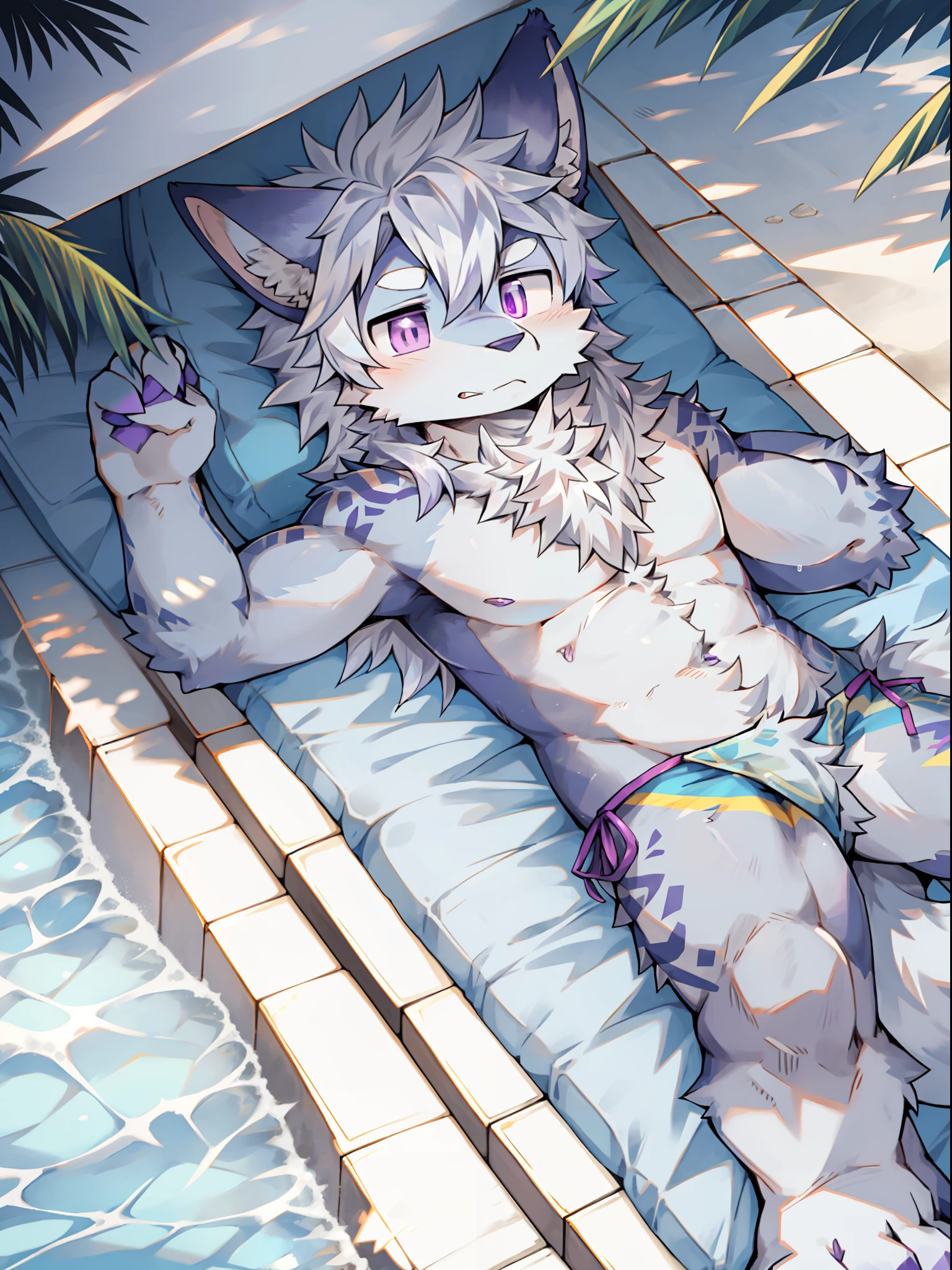 solo person,独奏,Full body like,shaggy male,hairy bodies,Correct male human anatomy,Detailed double eyes,glowing light eyes,shoun,coyote,male people,canid,Gray fur,long white hair,The ends of the hair are purple,Purple eye,drools,Bullied,adolable,Handsome,Dragon tail,full bodyesbian,sea beach,summer day,rays of sunshine,swim wears,Lie flat on your back,The waves wash over the body