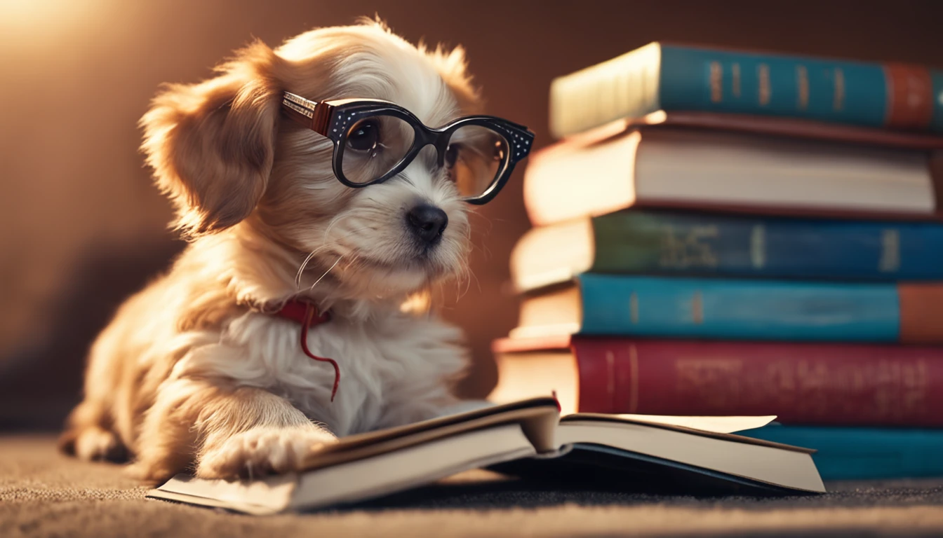 Cute puppy wearing glasses and studying a book