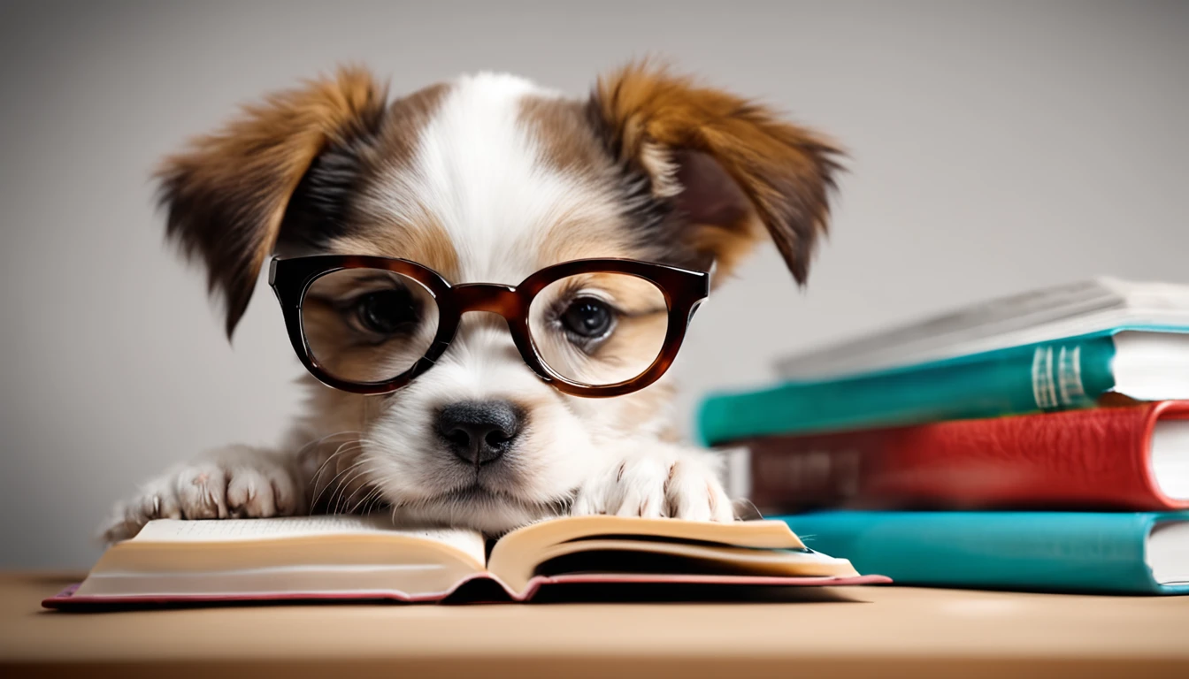 Cute puppy wearing glasses and studying a book