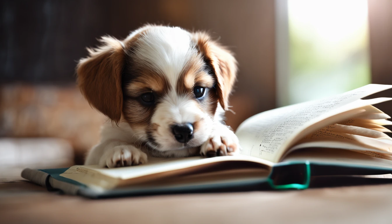 Cute puppy wearing glasses and studying a book