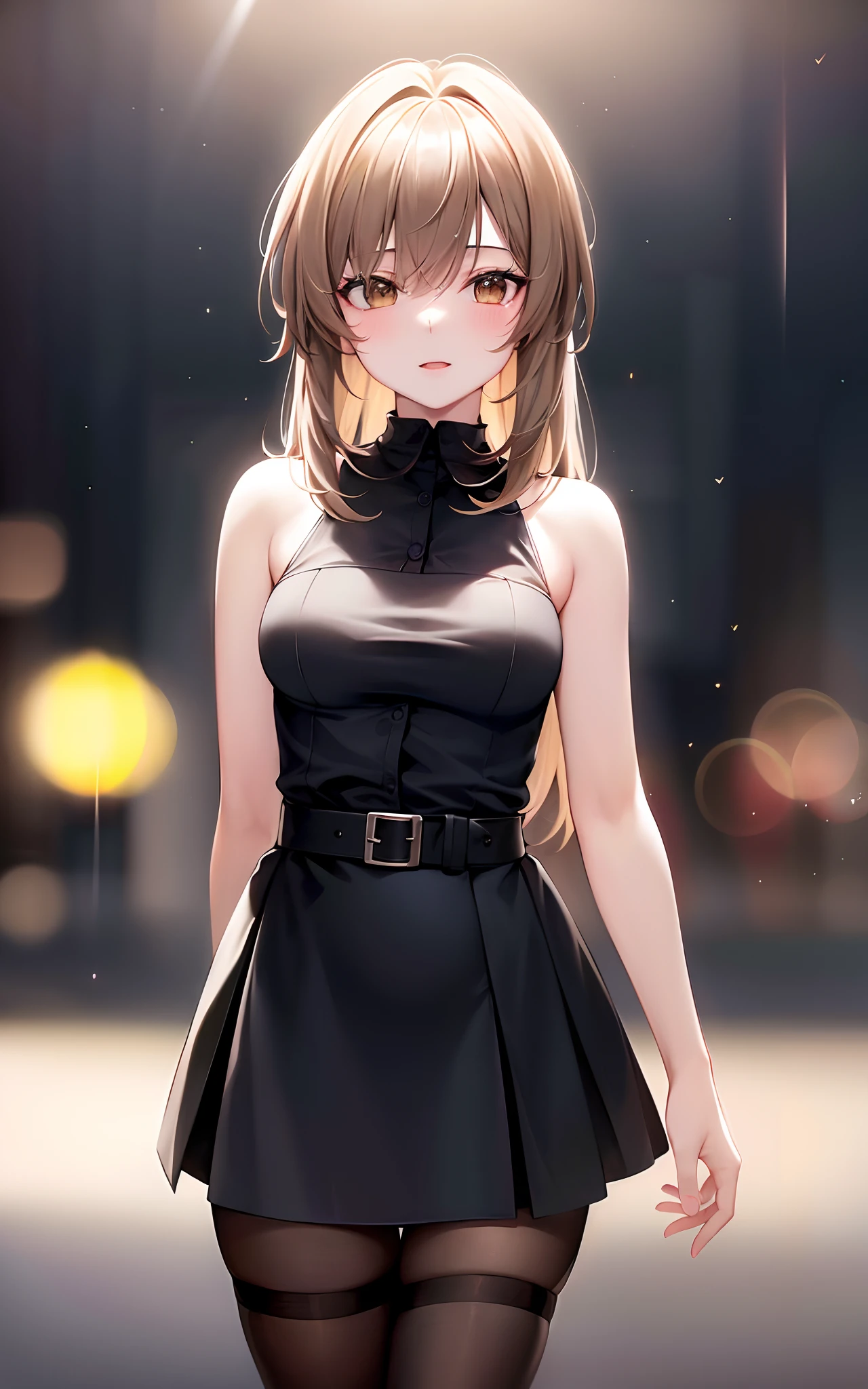 (8k, RAW photo, Best Quality, Masterpiece: 1.4), Ultra HD, (Real, Photorealistic: 1.48), Omertosa, 1 girl, (K-pop idol), (Aegyo: 1), Cute, (Ultra bokeh night city center:1.25), bokeh, night, traffic lights, street signs, rain, after rain, wet, professional lighting, detailed lighting, photon mapping, radiosity, physically based rendering, flowers in black pantyhose , backlighting, depth of field, natural light, hard focus, film grain, 1 meter shooting distance, professional photography, shot with Sony a9 II mirrorless camera, detailed eyes, realistic eyes, detailed shadows, viewer Look, dog ears, detailed lighting, skirt, black skirt, knee socks, black thigh high socks, (detailed hair, realistic hair, realistic lighting, realistic shadows, realistic clothing), realistic skin (gun on waist: 1), realistic light reflection from above, ((arm behind back)), (behind hand), tube top, sexy