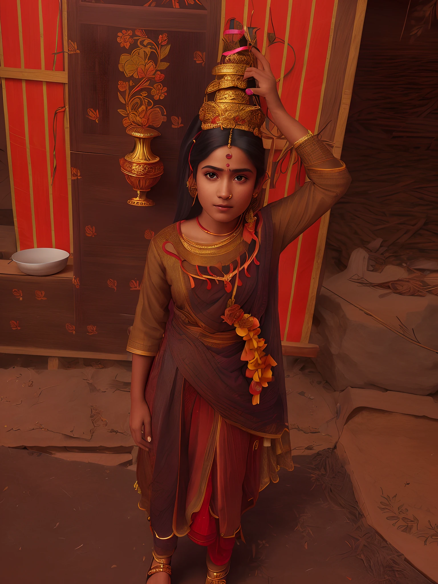 A portrait of a Hindu girl in typical costumes, 4K textures, HDR, intricate, highly detailed, sharp focus, hyper-detailed