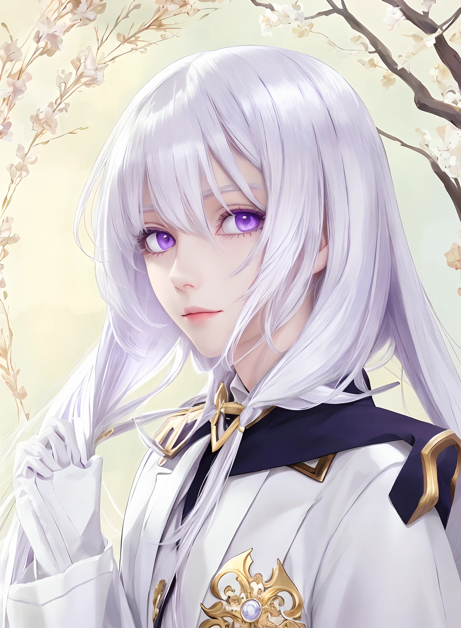 Holding a book, perfect white hair girl, white hair girl, best quality, 1 girl, elaina, whiter_style_costume, daily_costume, purple eyes, long hair, white shirt, white coat, purple eyes, bangs, hair between the eyes smile, brooch, dull hair