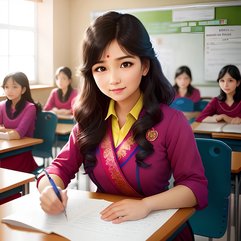 In a vibrant classroom setting, a 34-year-old woman stands at the front, immersed in teaching. She wears an elegant Indian suit that adds a touch of traditional charm. The room is filled with natural light, creating a warm and inviting space. Colorful educational posters adorn the walls, reflecting a nurturing learning environment. The woman's enthusiastic expression and energetic gestures capture her dedication to the subject. The students are engrossed in the lesson, their attentive faces reflecting curiosity and engagement. The overall mood is one of dynamic learning and positive interaction. Style: Watercolor painting on textured paper, using a mix of bold and delicate strokes to convey the scene's energy