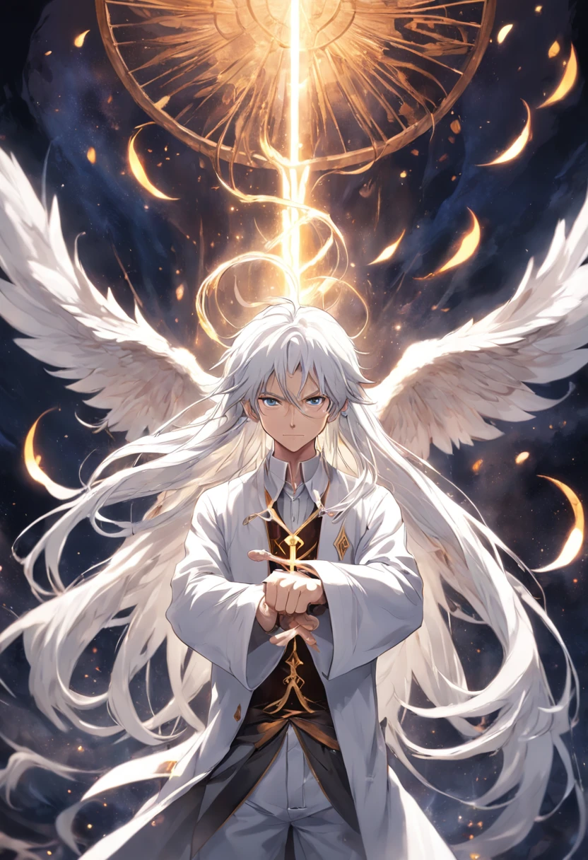 A magician,In a pure white space of your own creation,Long white hair,white shirt,Strings of golden runes floated behind him。Holding a mahogany wand,Cast super magic