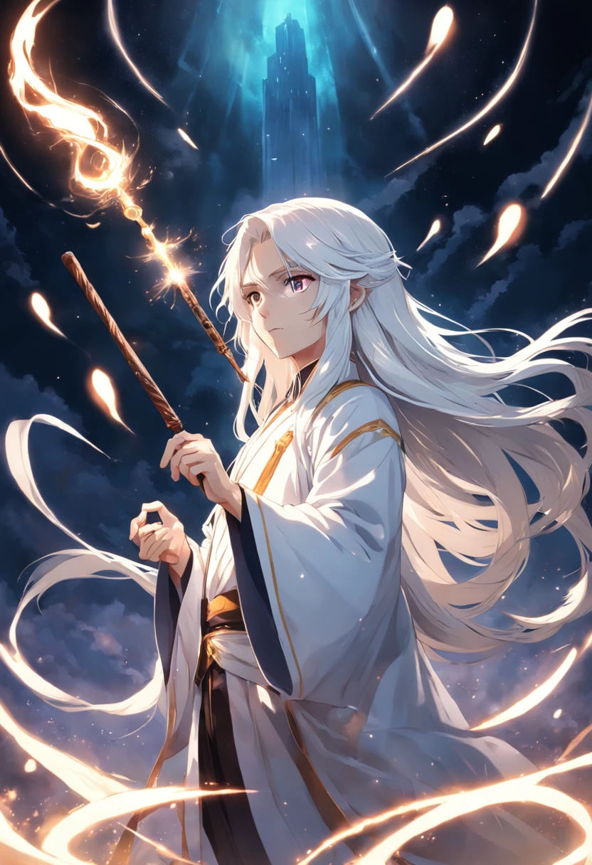 A magician，In a pure white space of your own creation，Long white hair，white  shirt，Strings of golden runes floated behind him。Holding a mahogany wand，Cast super magic