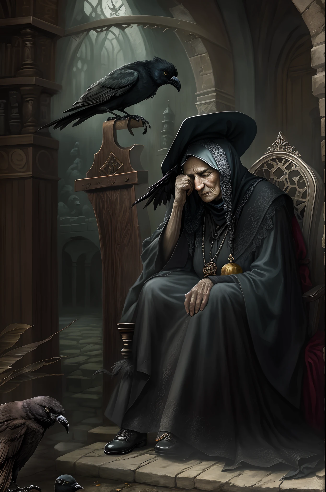（1 Old Hag），The shriveled old witch sat in a chair，Holding a crow in his arms，Holding a crow，Fantasy wizard old woman, （tmasterpiece）， （best qualtiy）， Forcing Allah righteousness，Surrealist school of detailing，ultra - detailed， 16k，high definition resolution，  Epic Gothic fantasy art style