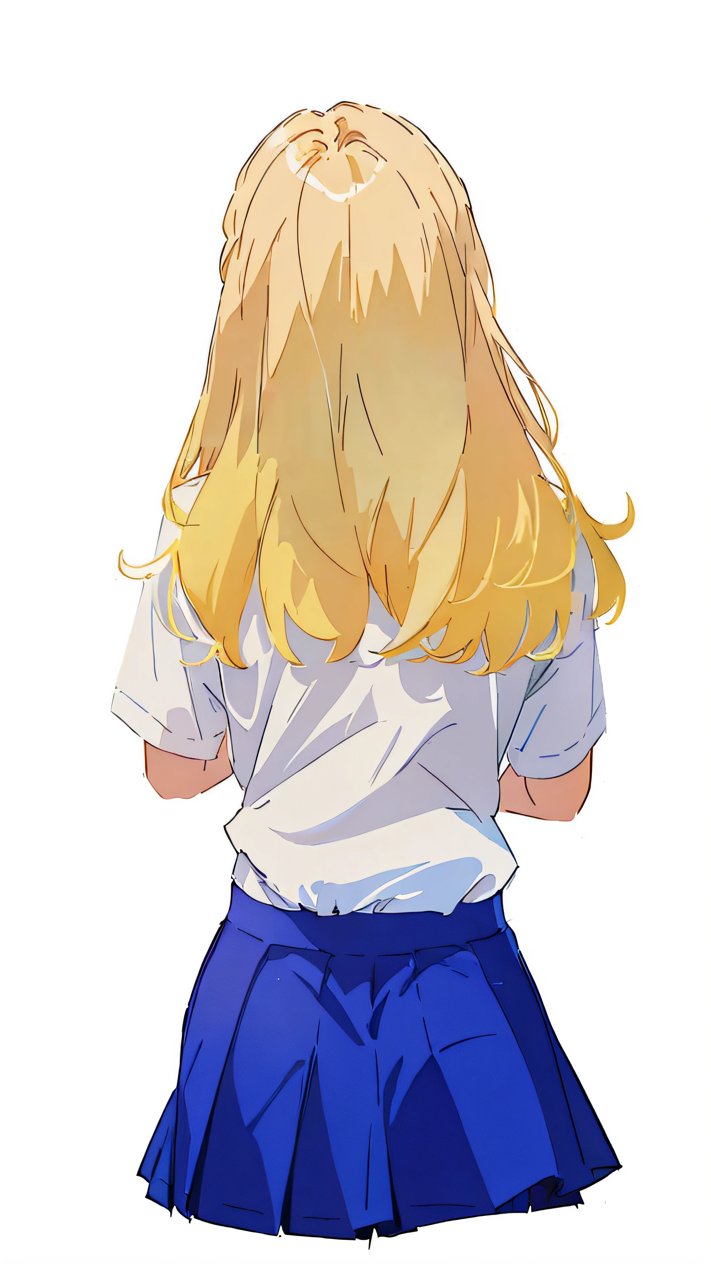 (top-quality、​masterpiece:1.2)、high-level image quality、illustratio、artistic、animesque、posterior view、a blond、student clothes、Cutter shirt、Blue skirt、Rear head