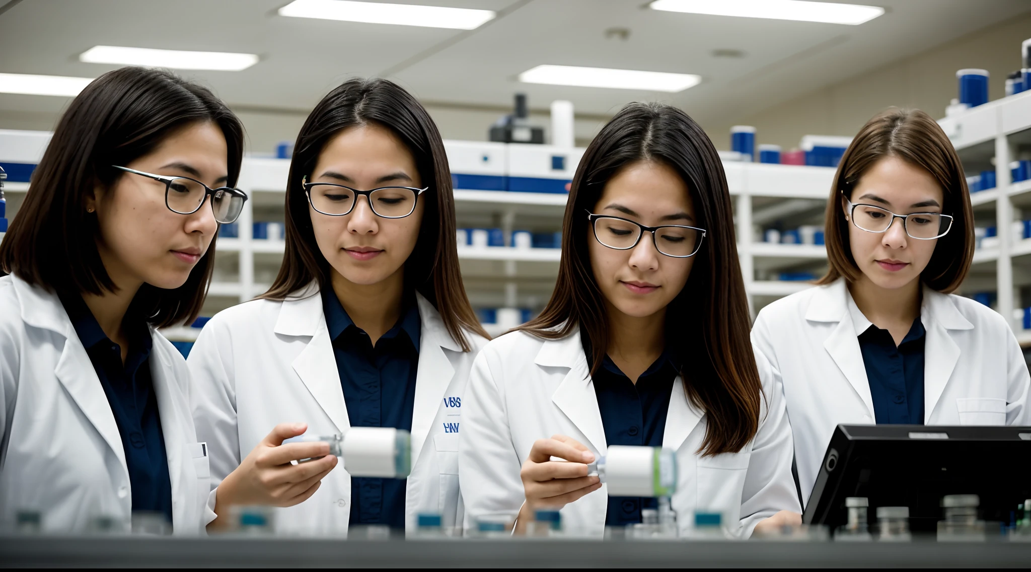 instagram photo, closeup face photo A group of women scientists in a bustling laboratory, conducting experiments and collaborating, determined, diverse, Canon EOS 5D Mark IV with 24-70mm f/2.8 lens, bright overhead lighting, documentary photography.