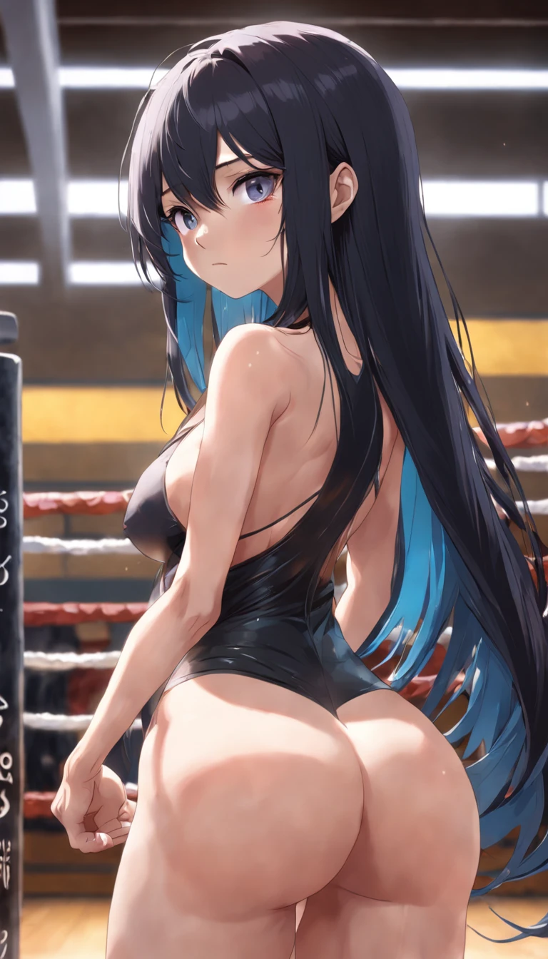 Black hair, long hair, hair over one eye, hair covering one eye, naked, nude, no clothes, small breasts, flat chest, pussy, vagina, hugging knees, knees up, looking at viewer, gym, inside a gym, sunlight