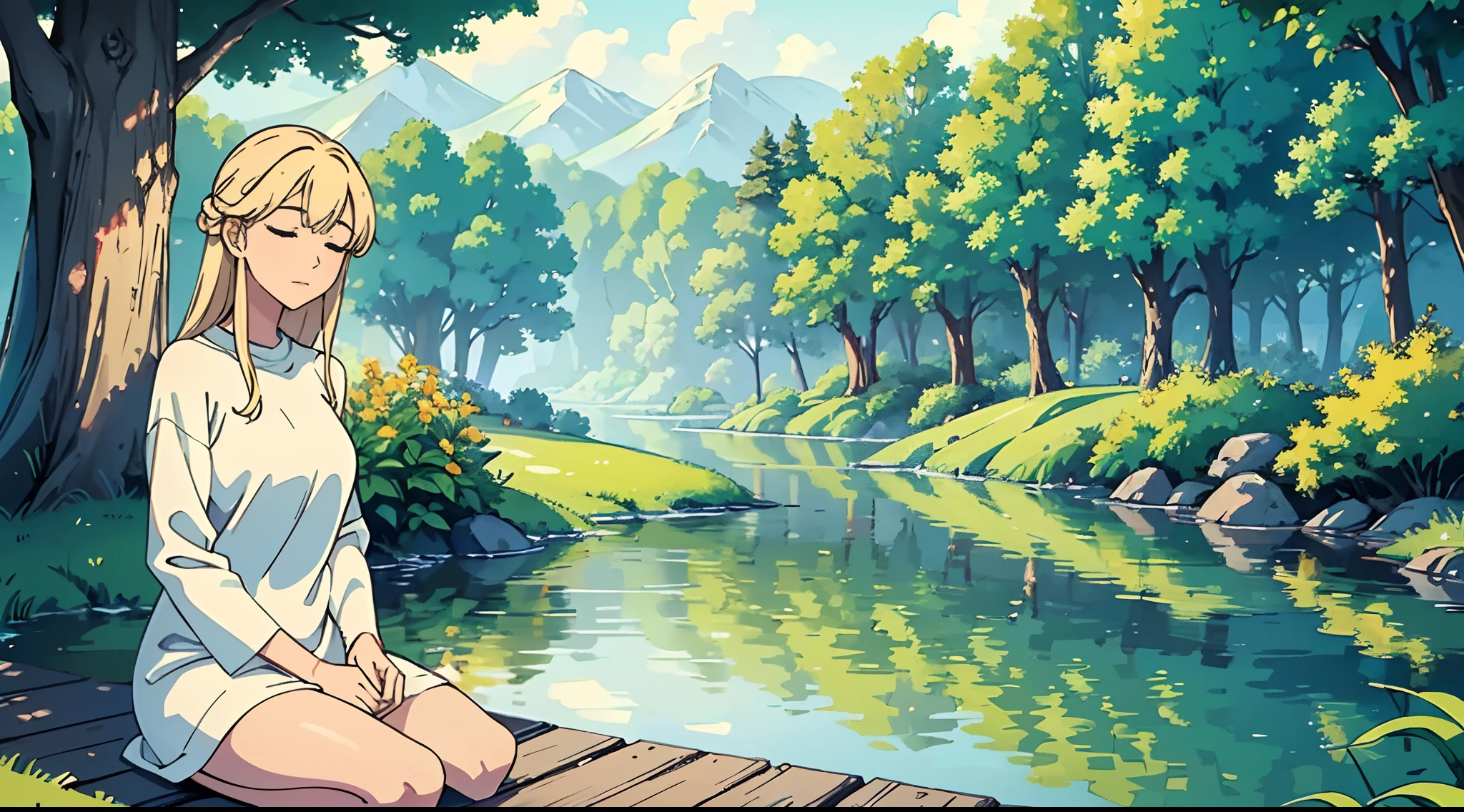 Create a digital masterpiece that captures the essence of tranquility and serenity. Incorporate either a gracefully beautiful woman in a serene natural landscape, using a harmonious blend of colors and soft textures. Your artwork should evoke a sense of inner peace and calm, inviting viewers to escape into a world of soothing beauty.