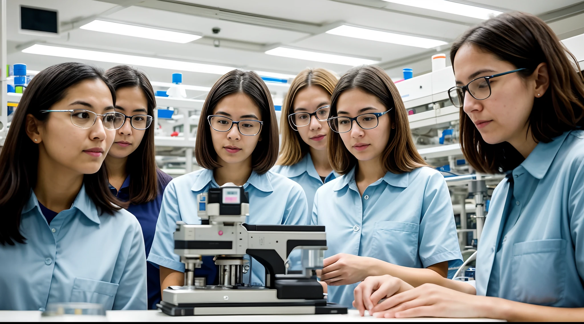 instagram photo, closeup face photo A group of women scientists in a bustling laboratory, conducting experiments and collaborating, determined, diverse, Canon EOS 5D Mark IV with 24-70mm f/2.8 lens, bright overhead lighting, documentary photography.