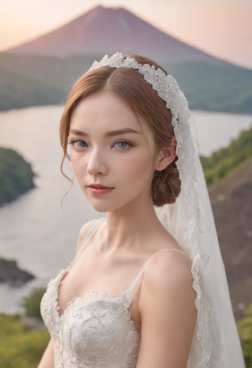 1 beautiful girl, full bodyesbian, standing photo, White wedding dress, Soft dress, Stand in front of Mt. Fuji, blond hairbl, Blue eyes, Wavy hair, Masterpiece, Diffuse flex illumination, Portrait, Best quality (Perfect face:1.4), Ultra-realistic highly detailed, complex and realistic simulation style photos,Focus clearly on the eyes, Cinematic lighting, studio shoot, gorgeous posture