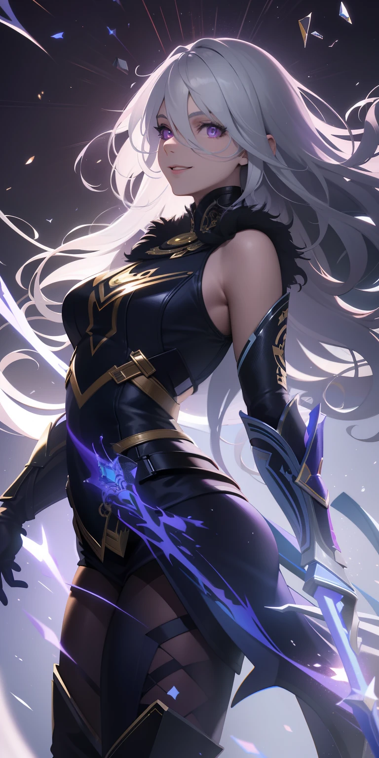 masterpiece, best quality, ultra-detailed, best shadow), (detailed background,dark fantasy), (beautiful detailed face), high contrast, (best illumination, an extremely delicate and beautiful), ((cinematic light)), colorful, hyper detail, dramatic light, intricate details, (1girl, solo,white hair, sharp face,purple eyes, hair between eyes,dynamic angle), swirling black light around the character, depth of field,black light particles,(broken glass), superhero , full body, holding magical staff, woman, happy, smile, look in front, tall, wearing boots, attractive, detailed clothing, woman, adult, ????,