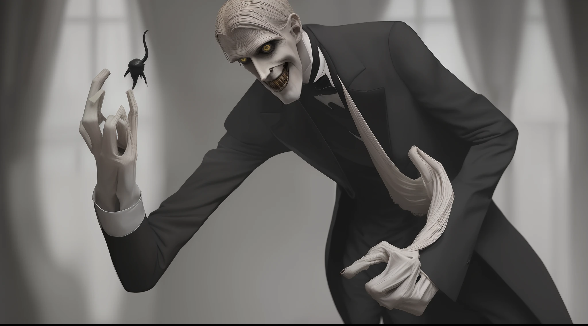A slender and tall figure with long arms reaching down to his knees, eyes yellow and devilish, a hauntingly large and wide grin, standing in darkness, bewildered & black and neatly combed hair, while wearing a dinner jacket resembling a butler's attire
