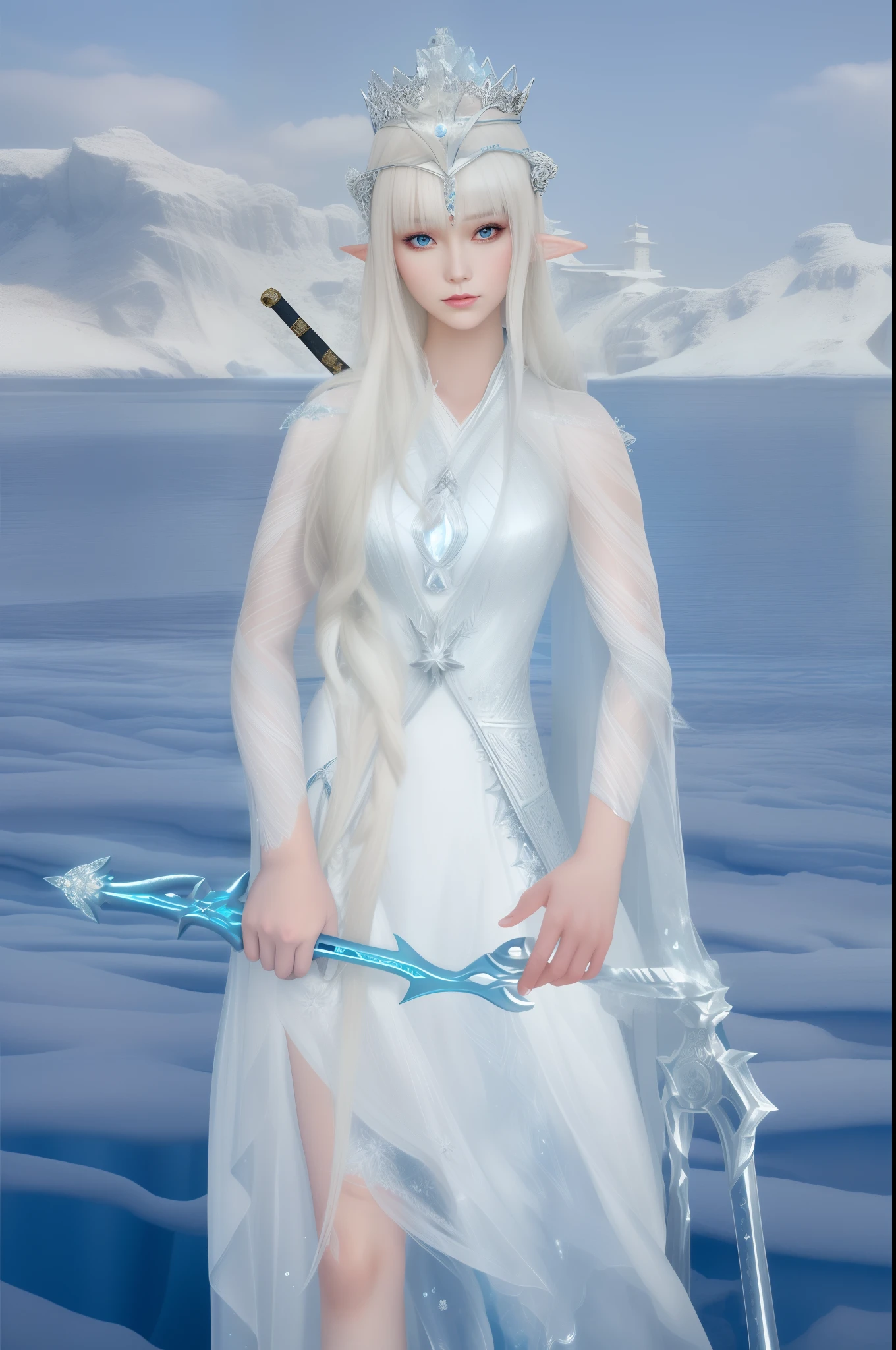 a close up of a woman in a white dress holding a sword, goddess of winter, beautiful ancient frost witch, ((a beautiful fantasy empress)), ice sorceress, very beautiful elven top model, Asian Woman Water Elemental, Winter queen, Ethereal fantasy, flowing magical robe, Ice Queen, White Hanfu, queen of ice and storm