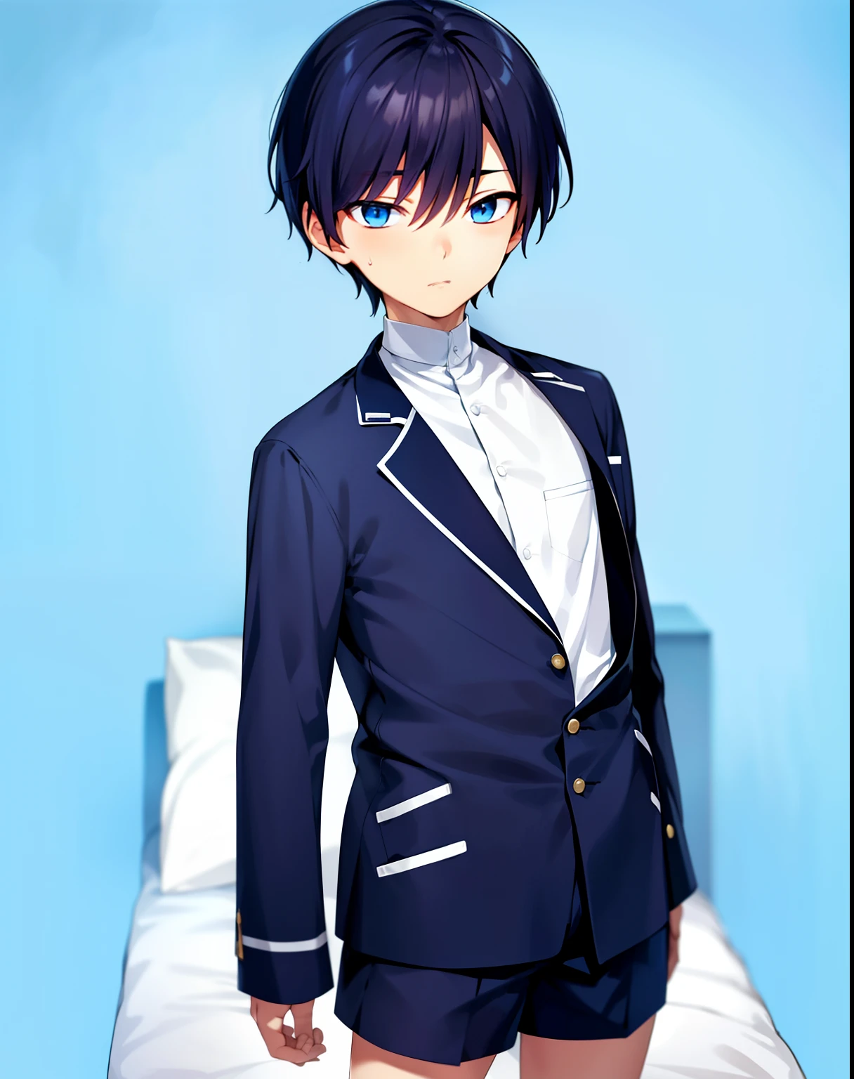 #composition (Low angle,worms-eye-view,There was a boy.), #person (A -yeld bomall but cute boy、Bullish personality、honor student、Good impression、Boy's hand、Knees、The thighs of a 14 year obreasts Thin waist,Sweaty), #Boy facial (Big drooping eyes、Strong-willed、Serious eyes、blue color eyes), #Boy's hair (His hair is jet black. He has short, Straight hair，Hairstyle is natural and neat，M-shaped bangs.), #Boy cloth (He had no clothes on his upper body，He wears a pair of black shorts on his lower body.), #Boy's background (Blue background,White sheets), #Boy's pose (He sat flat，A hand caressed his abdomen,wide open thighs,Postural instability）, #Boy's emotions (Shy,is shy)