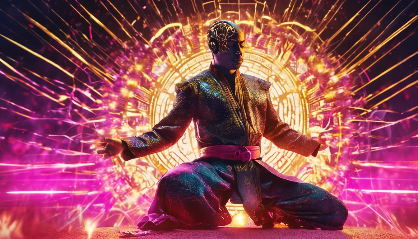 A cyborg shaolin old master in a taichi pose, wearing a kung fu robe, surrounded by sparks and surges of electricity, with a golden flower of life background, ready to be printed on a black background with vibrant colors.
