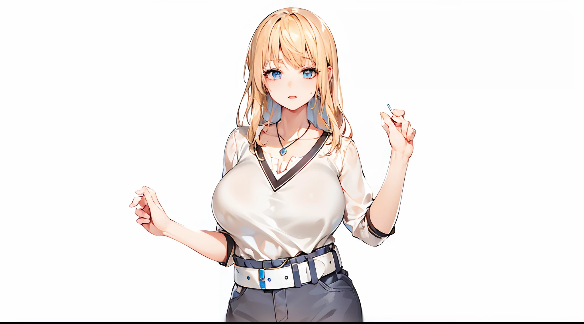 Big breasted blonde wearing a denim jacket, one arm raised