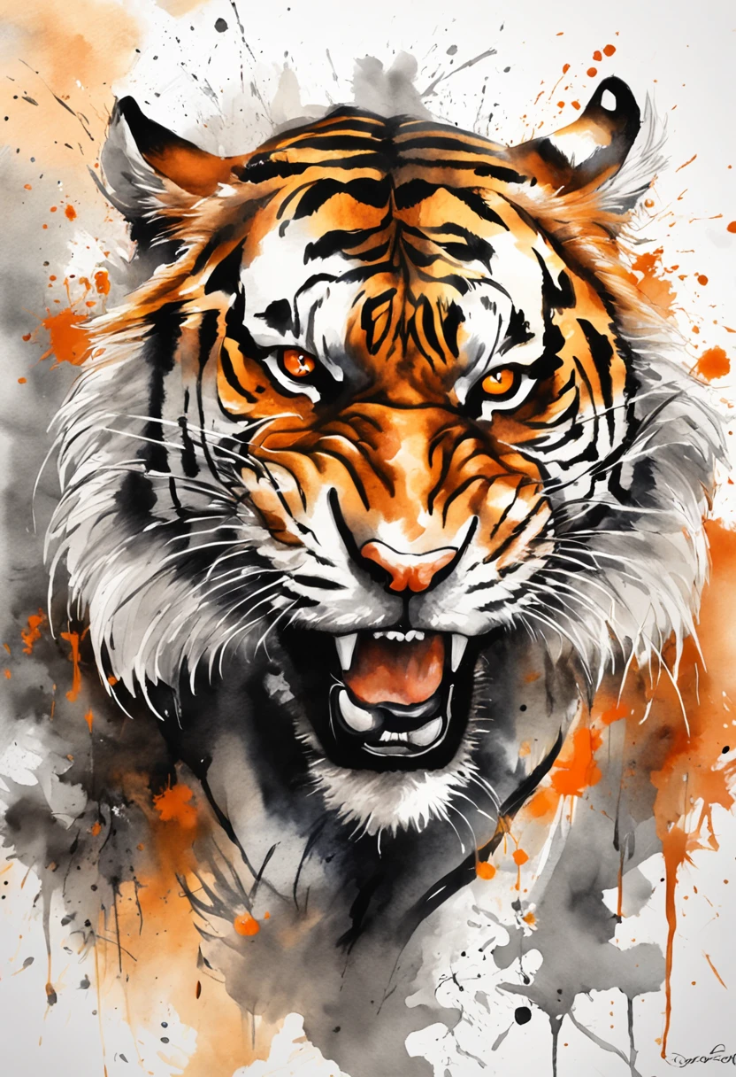 Black gray realistic tiger tattoo art with (((Orange eyes))) Features an ink splash sketch effect ,With his mouth open, he looked very fierce and angry,Classical Chinese art style