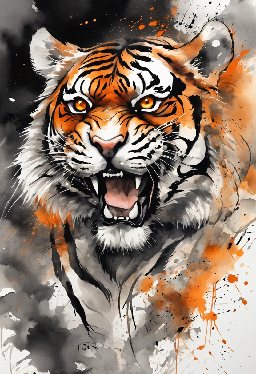 Black gray realistic tiger tattoo art with (((Orange eyes))) Features an ink splash sketch effect ,With his mouth open, he looked very fierce and angry，Classical Chinese art style