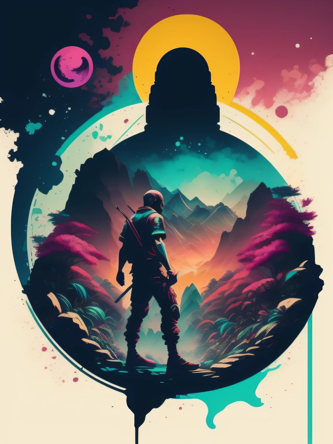 um mago jogando video game, Arte da camiseta 2D, Cyberpunk, epic illustration, vetor, 2d illustration, fundo preto, muito colorido, cores modernas full gradient, concentrado, Front view