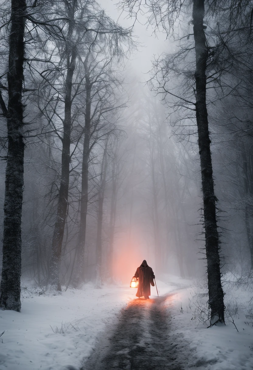 a man protected by his cloak amid the darkness of a winter night holding a torch as he walked through a blizzard