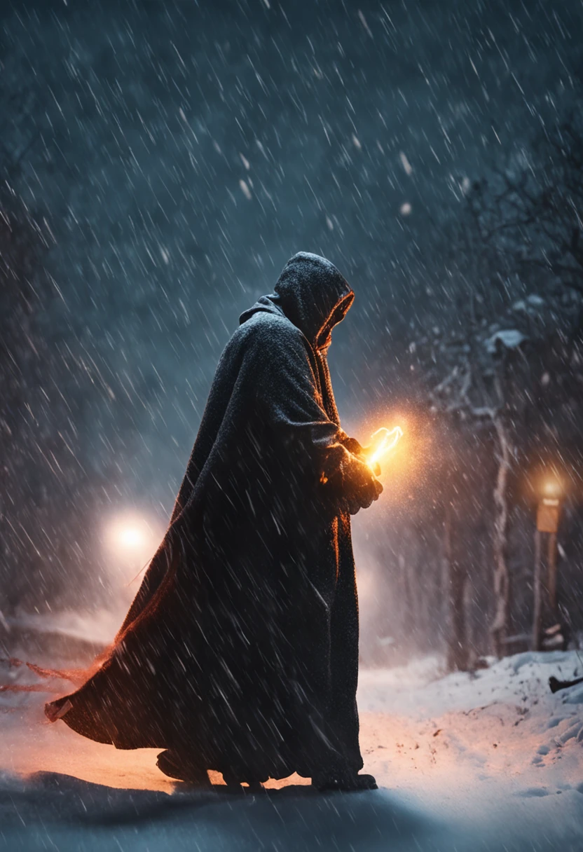 a man protected by his cloak amid the darkness of a winter night holding a torch as he walked through a blizzard
