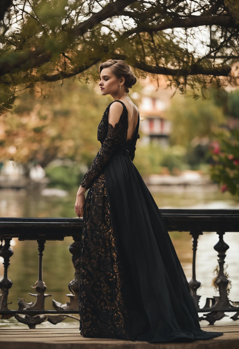araffe woman in a black dress standing on a wooden deck, side shot, stunning elegant pose, joey king, elegant posed, looking off to the side, gorgeous view, posing elegantly, elegant pose, from the side, doing an elegant pose, looking away, back shot, looking out, profile shot, 4 k glamour photography, glamorous pose, full length shot