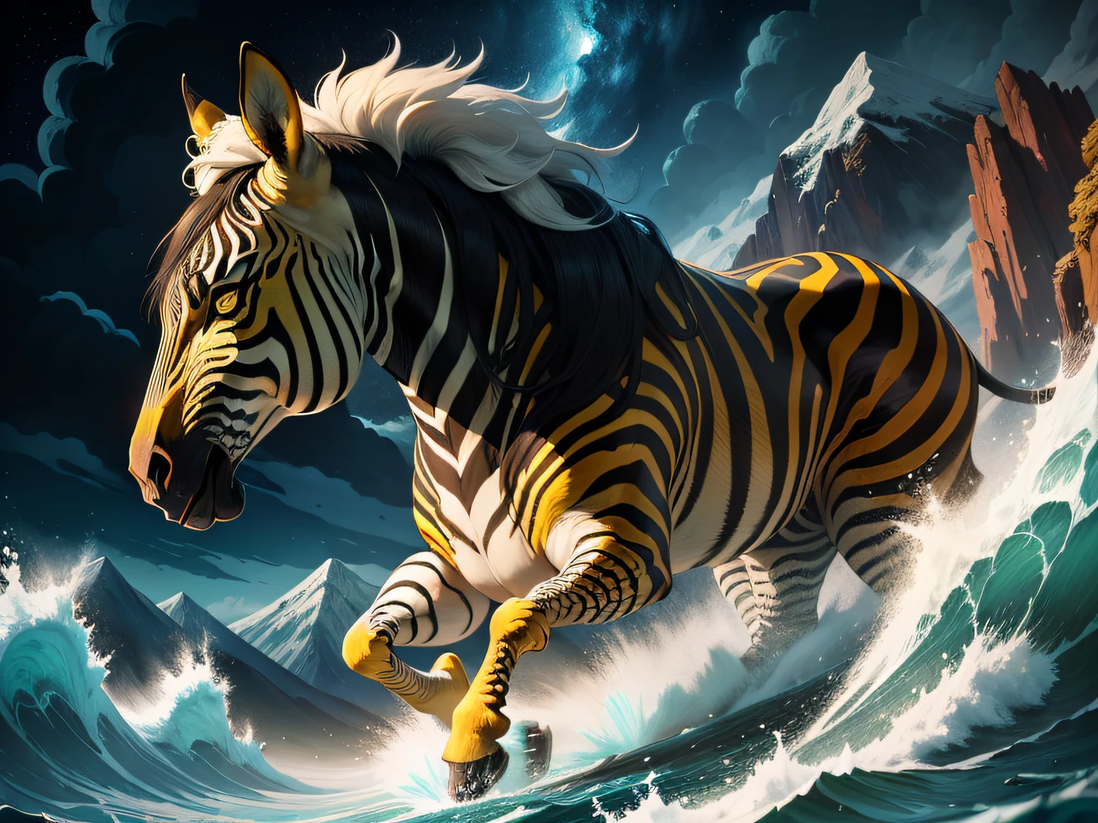 tmasterpiece,High Picture Quality, Dynamic cartoon style, Inspired by the Classic of Mountains and Seas,Chinese mythology and stories, Beast image, high saturated, Yellow zebra pattern, White head, Red tail。