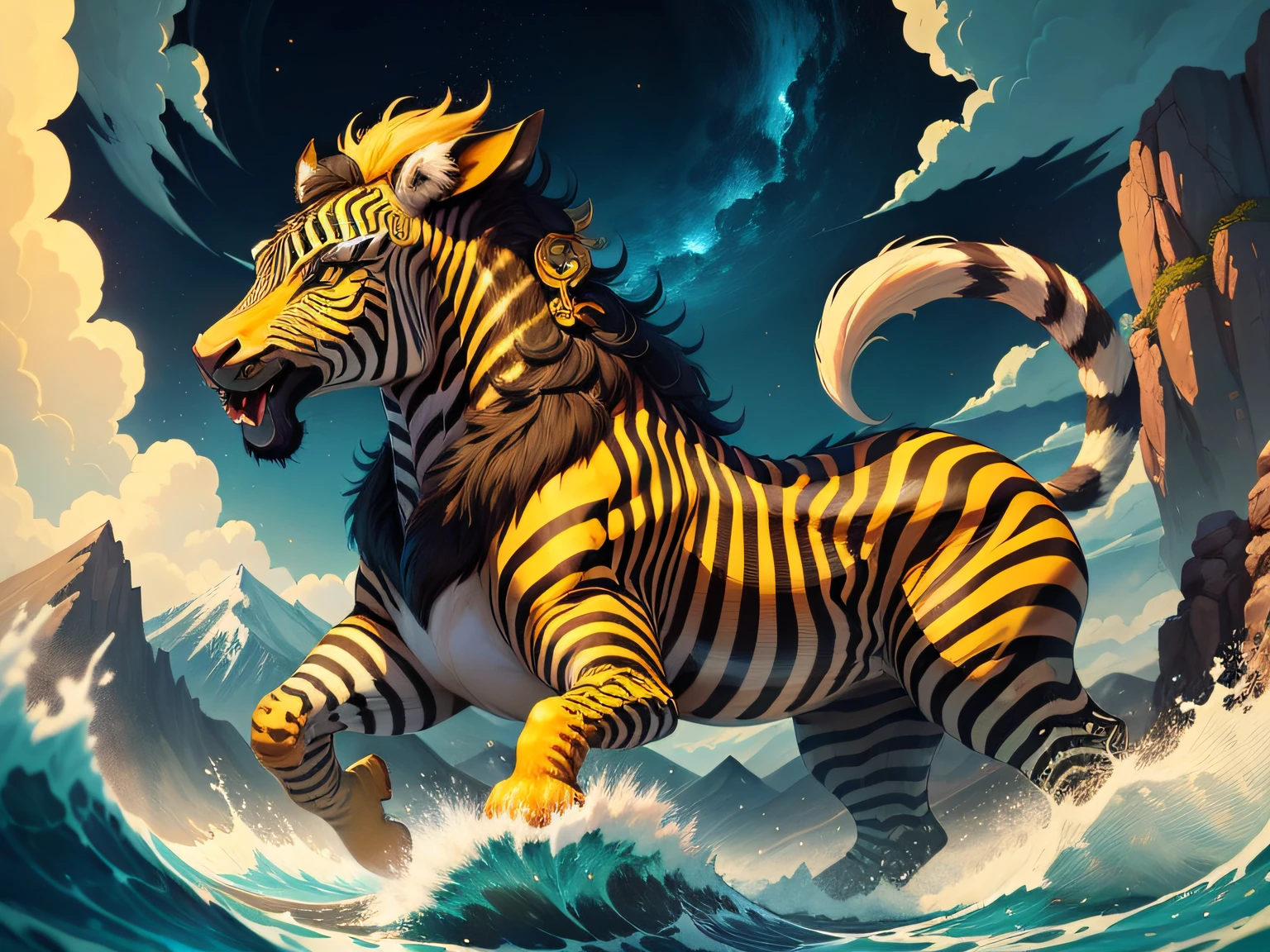 tmasterpiece，High Picture Quality, Dynamic cartoon style, Inspired by the Classic of Mountains and Seas，Chinese mythology and stories, Beast image, high saturated, Yellow zebra pattern, White head, Red tail。