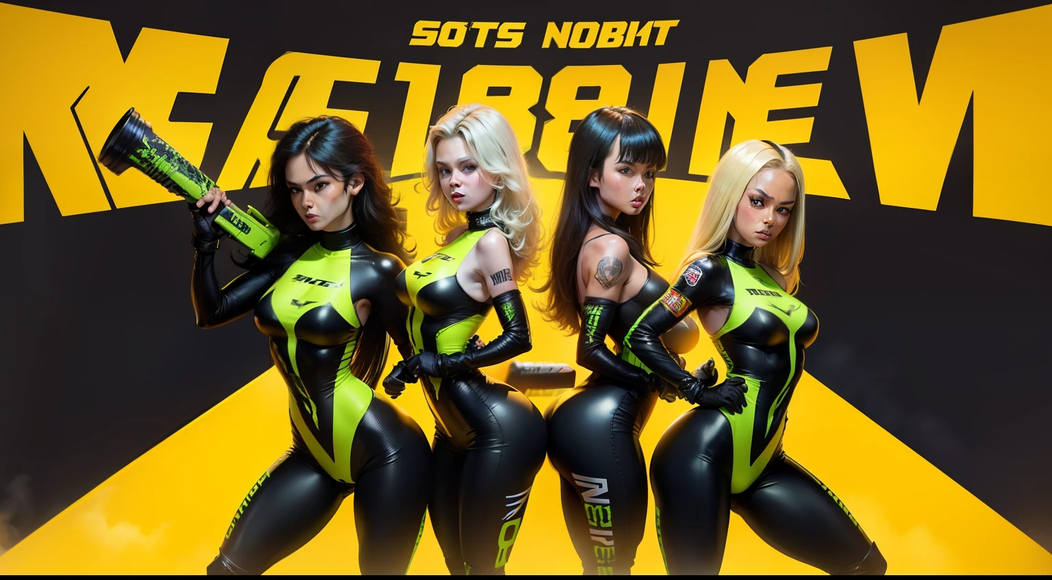 Create an action movie Poster for a 1970's motocross tire company called "Big Knobbies" with monster energy style girls wearing matching black and yellow skin tight body suits cheering and looking cute