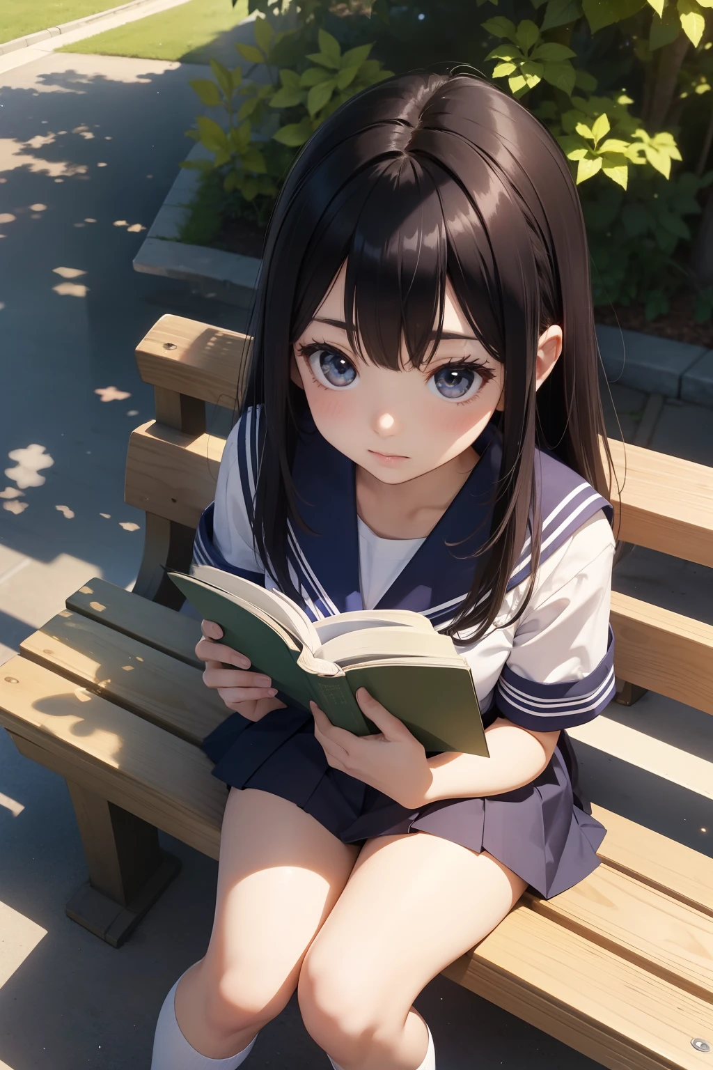 8K picture quality、top-quality、masutepiece、An ultra-high picture quality、ultra-detailliert、Ultra-realistic hair quality、Vibrant colors、Shiny hair、detailed hairs、girl with１a person、a beauty girl、japanes、a sailor suit、shortsleeves、pleatedskirt、knee high socks、lowfers、park bench、Reading a book、Sunlight、From  above