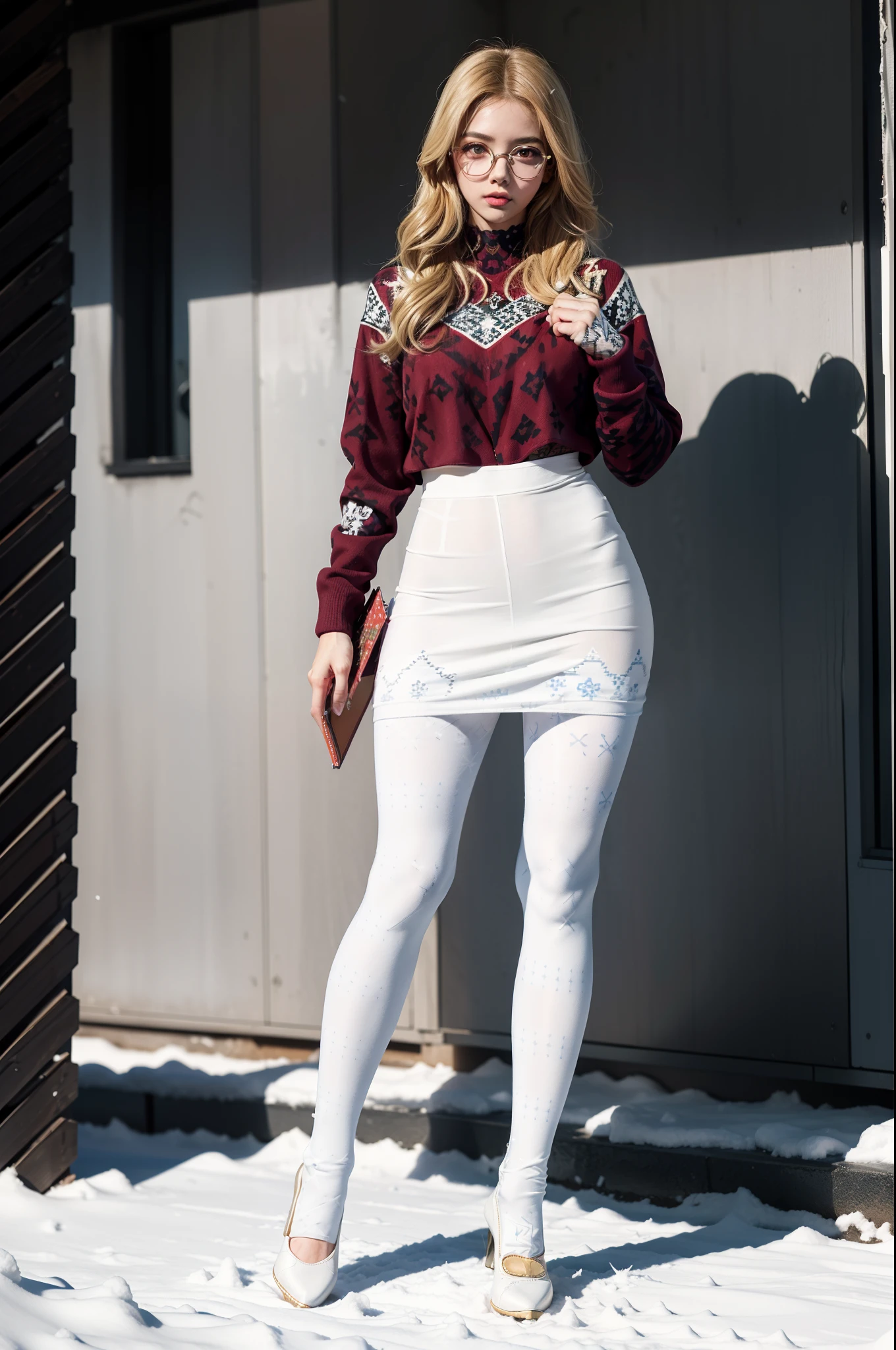 (full body:1.5)，(((1girl)):1.3),(view the viewer:1.4)，((??????? correct):1.45),(((Dancing on Snowy Mountains))):1.3),(she wears large glasses and Holding book in her hand:1.2),(shy:1.15)，((Search officer's set):1.2),(((((((Patterned)))))) ,((white pantyhose)):1.3),(((tattoo)):1.3),( Uniform high heels leather shoes with bows for female students:1.1)，(Accurate and perfect face:1.3),((red-eyed blonde):1.2)，hyper HD, Ray traching, reflective light， structurally correct, Award-Awarded, high detail, lighten shade contrast, Face lighting ，cinematic lighting, masterpiece, super detailing, high quality, high detail, best quality, 16k，High contrast,