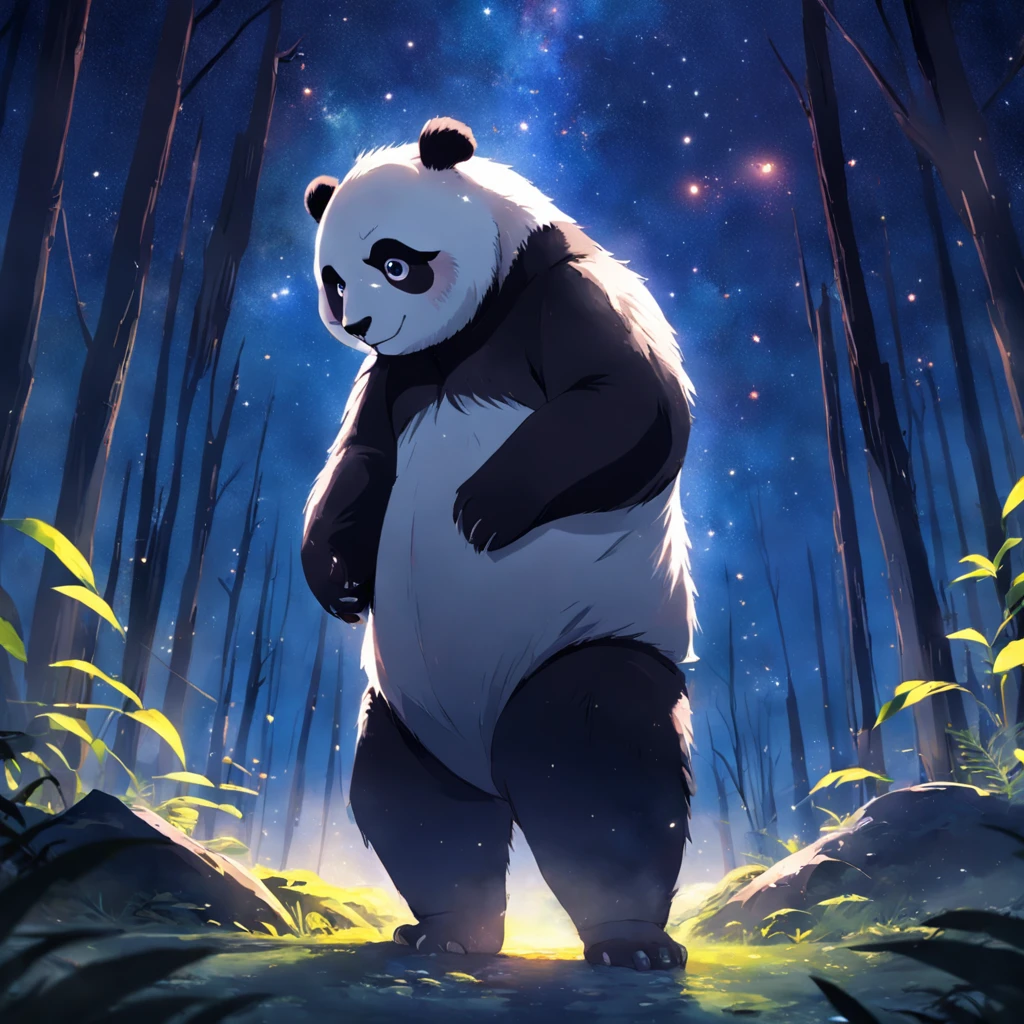 tmasterpiece,best qualityer,cinematic Film still from,1 panda,Close-up,natta,Panda looking up at the stars in the forest,Turn your back to the stars,Starry sky,spark of light