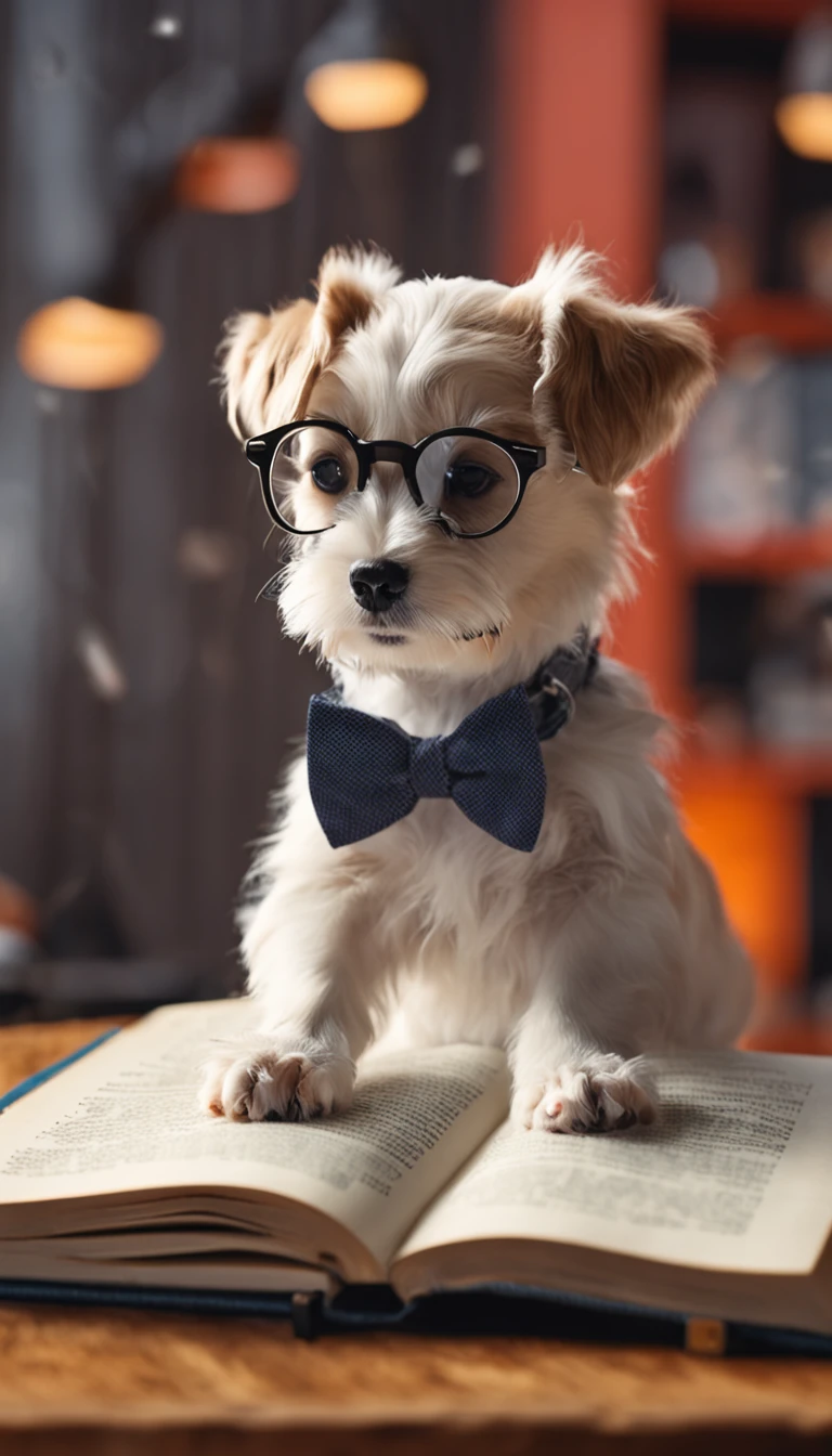 Cute puppy wearing glasses and reading a book on the couch