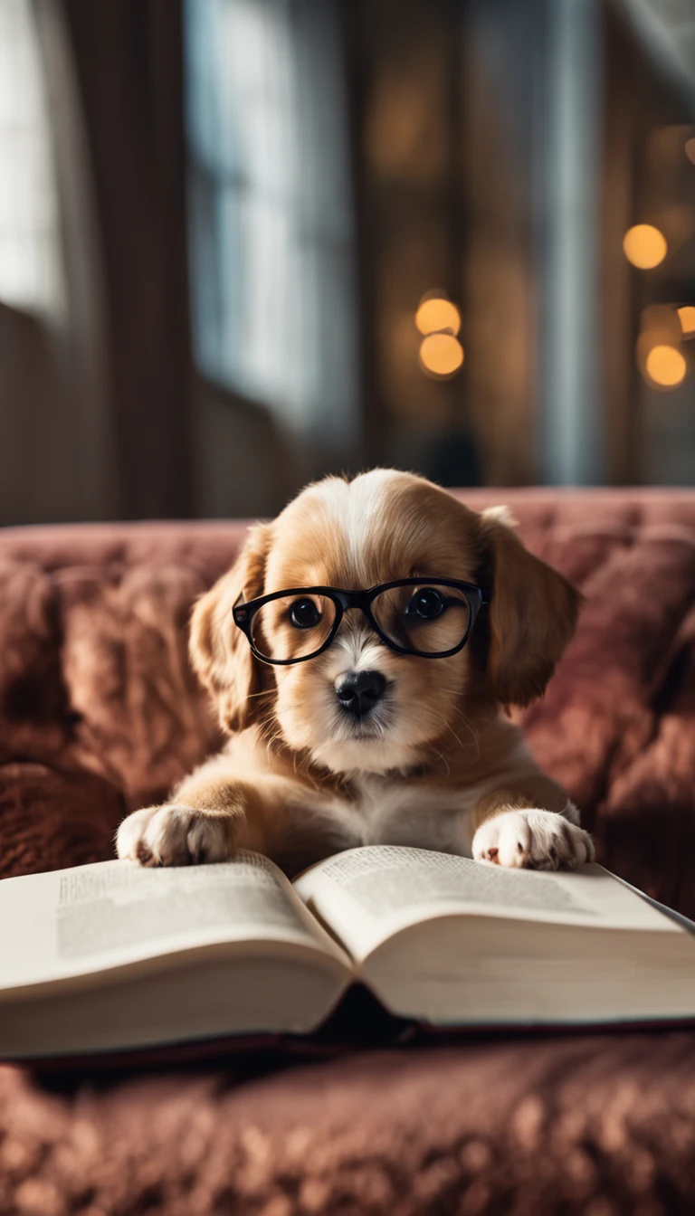 Cute puppy wearing glasses and reading a book on the couch