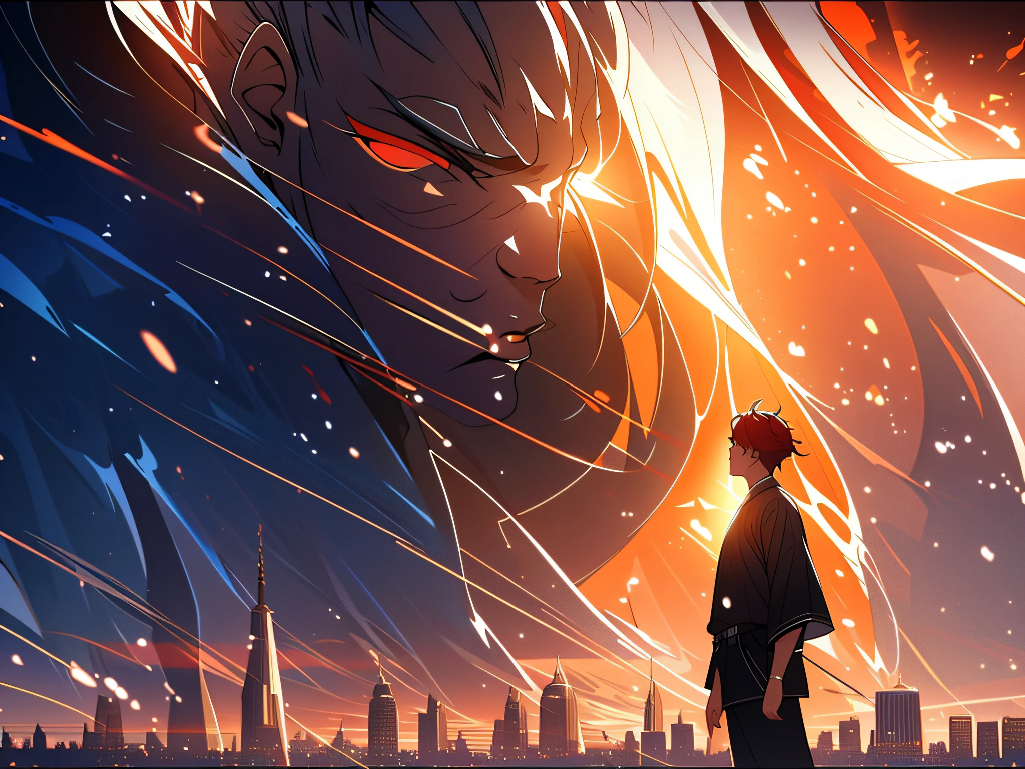 ((Best quality)), ((Masterpiece)), (Detailed), (Realistic), 1 costume boy, are standing, Looking Up The Sky, Surrounded by high-rise buildings, Cityscape, Bustling streets, Futuristic architecture, Colorful billboards, (Close-up) Express wonder and awe, (Long shot) Capture the vastness of the city, (dusk lighting) Soft shades of orange and red, (4K 分辨率, A high resolution, absurderes,)